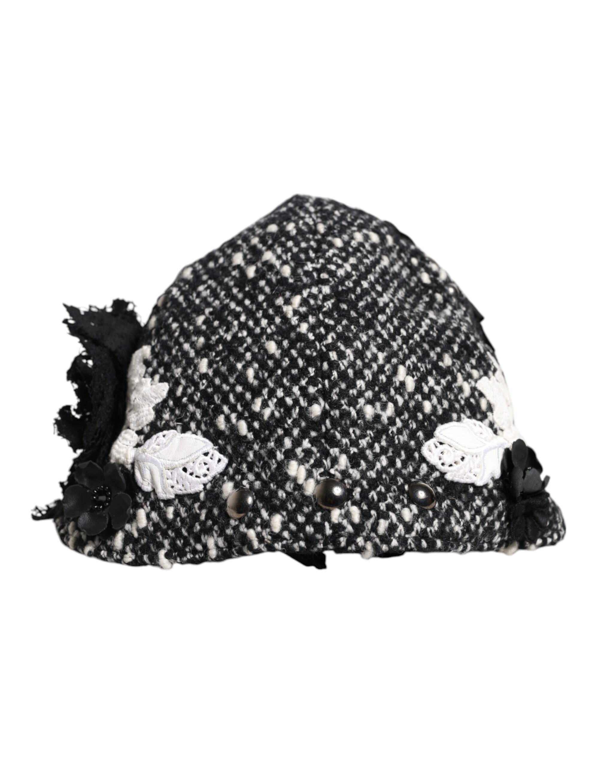 Dolce & Gabbana Black Wool White Floral Embellished Cloche Hat - Image 4