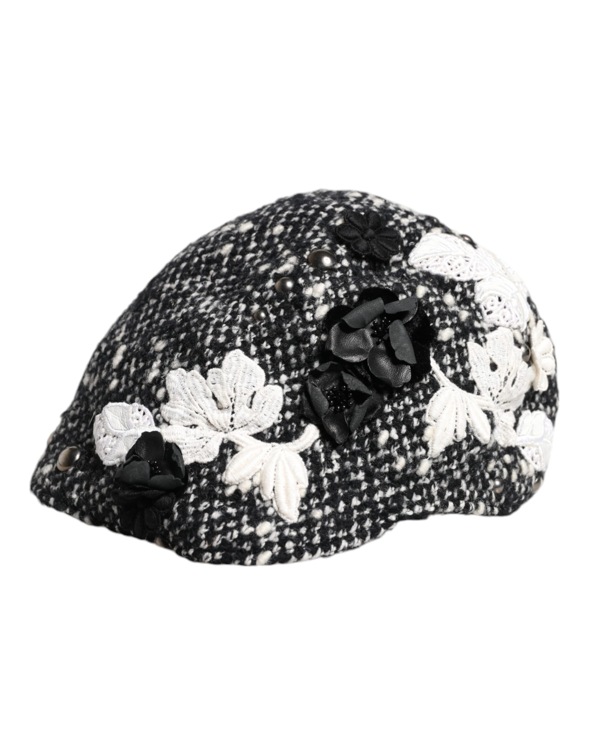 Dolce & Gabbana Black Wool White Floral Embellished Cloche Hat - Image 5