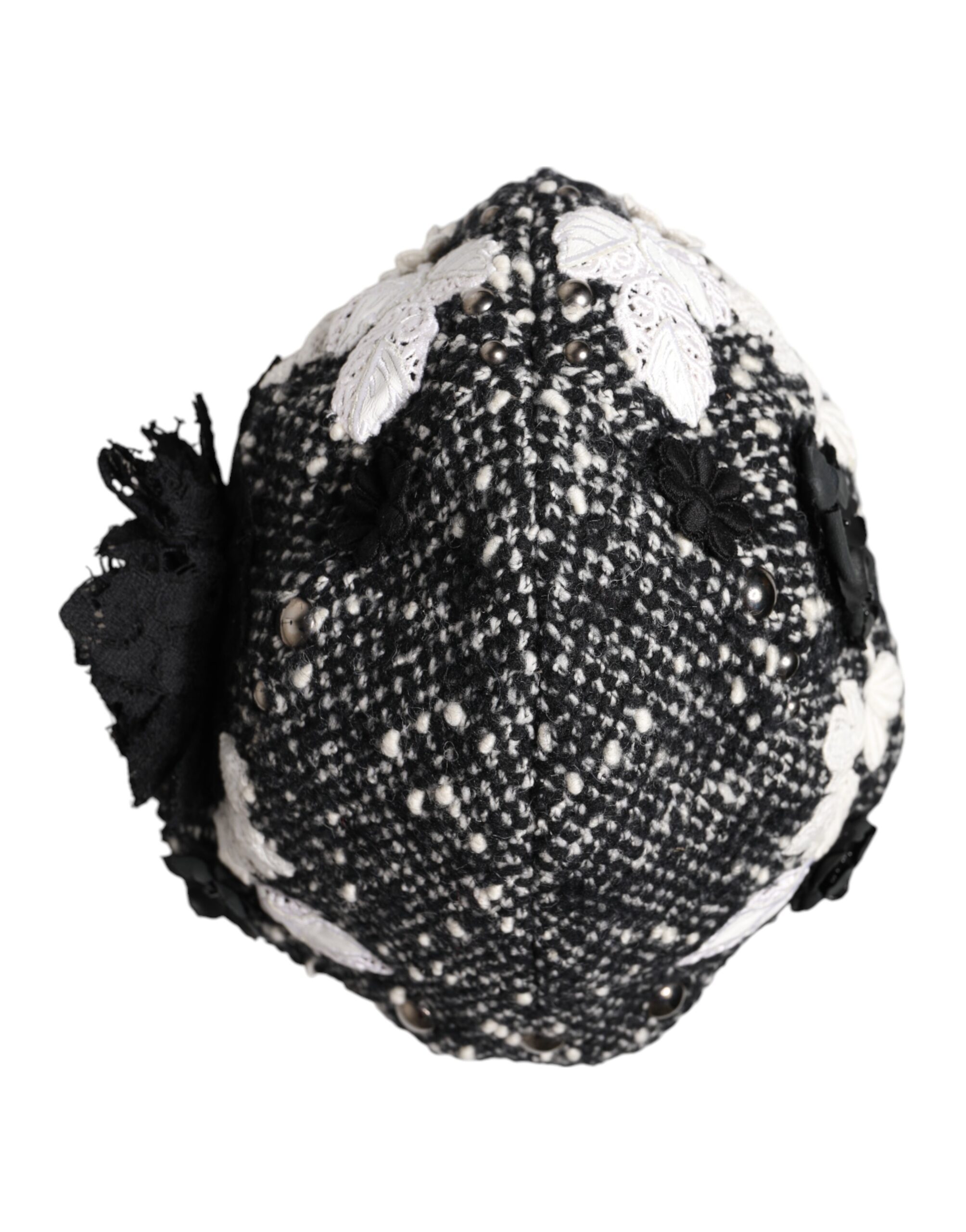 Dolce & Gabbana Black Wool White Floral Embellished Cloche Hat - Image 7