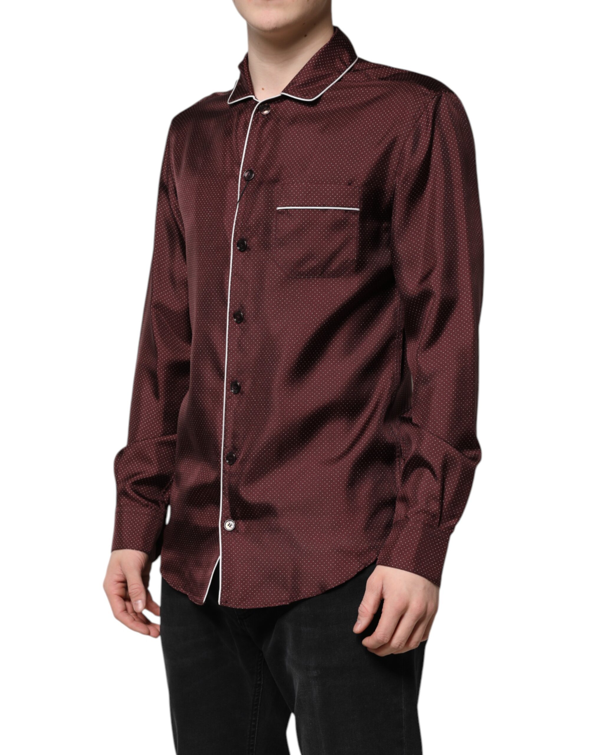 Dolce & Gabbana Burgundy Silk Dotted Long Sleeves Shirt - Image 2