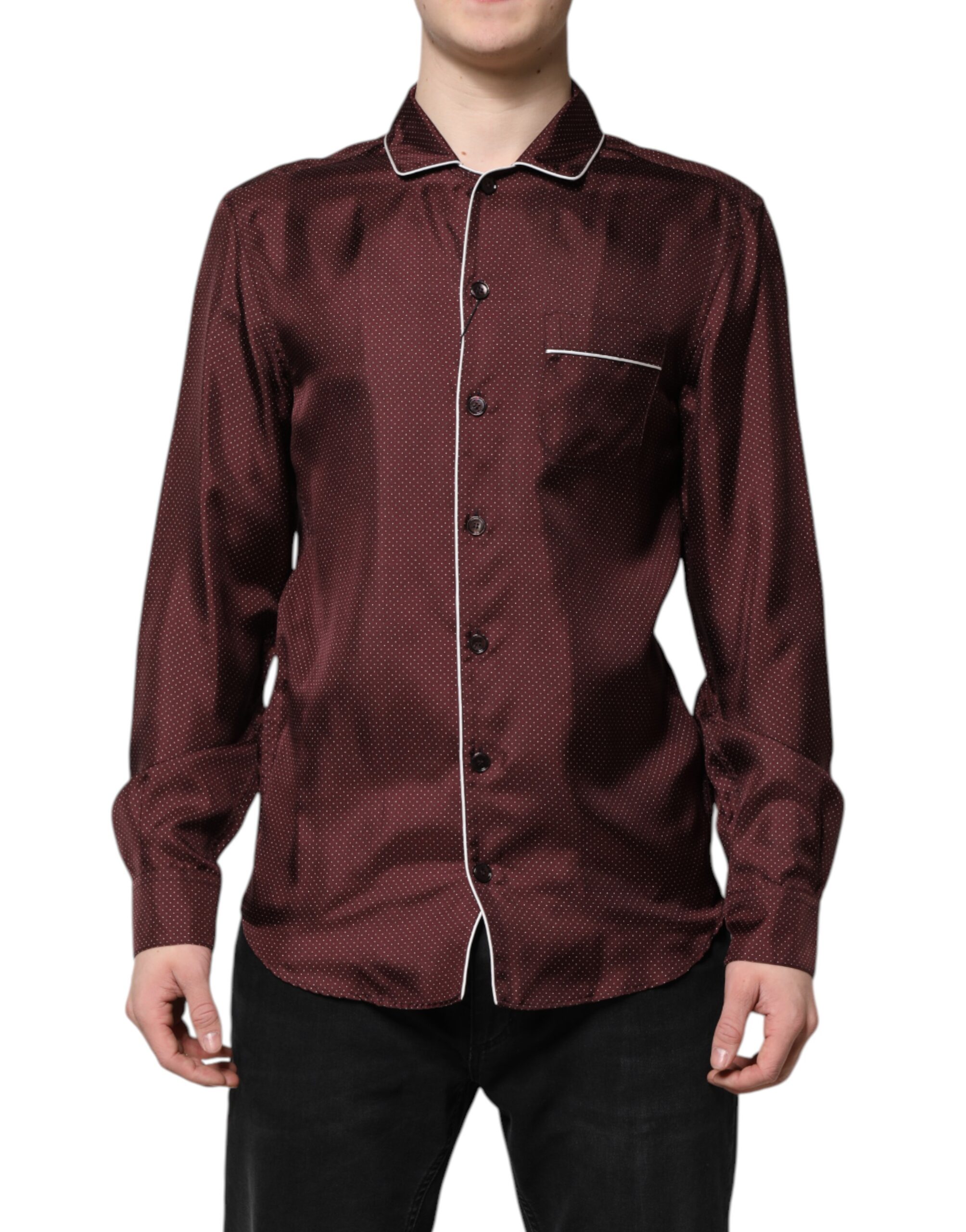 Dolce & Gabbana Burgundy Silk Dotted Long Sleeves Shirt - Image 3