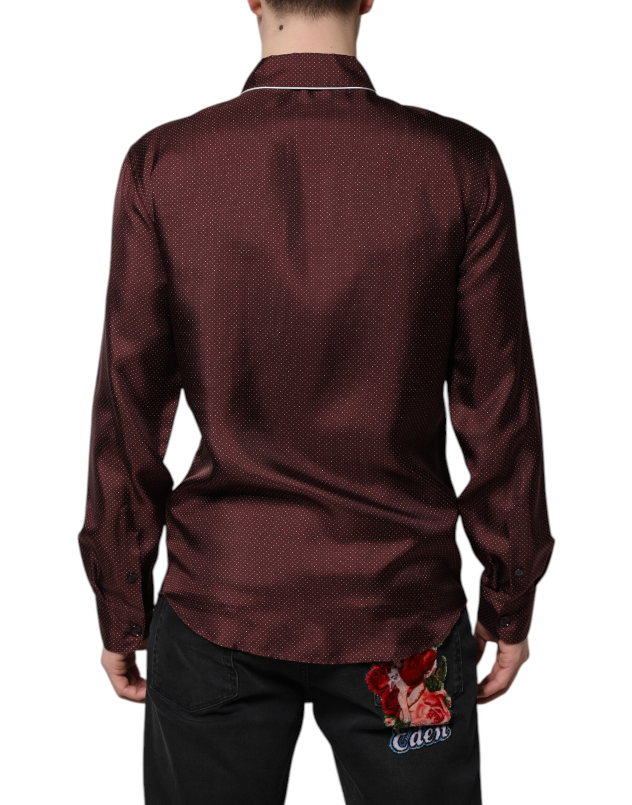 Dolce & Gabbana Burgundy Silk Dotted Long Sleeves Shirt - Image 4