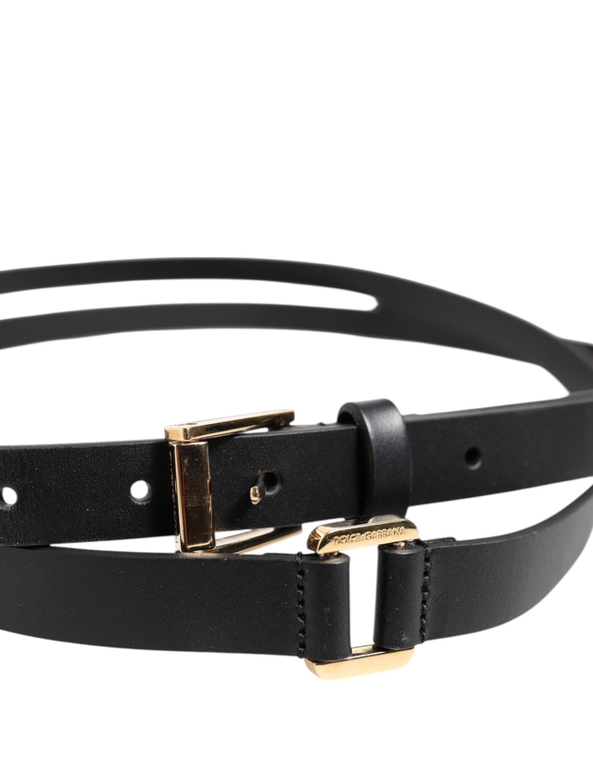Dolce & Gabbana Black Double Strap Leather Gold Buckle Belt - Image 4