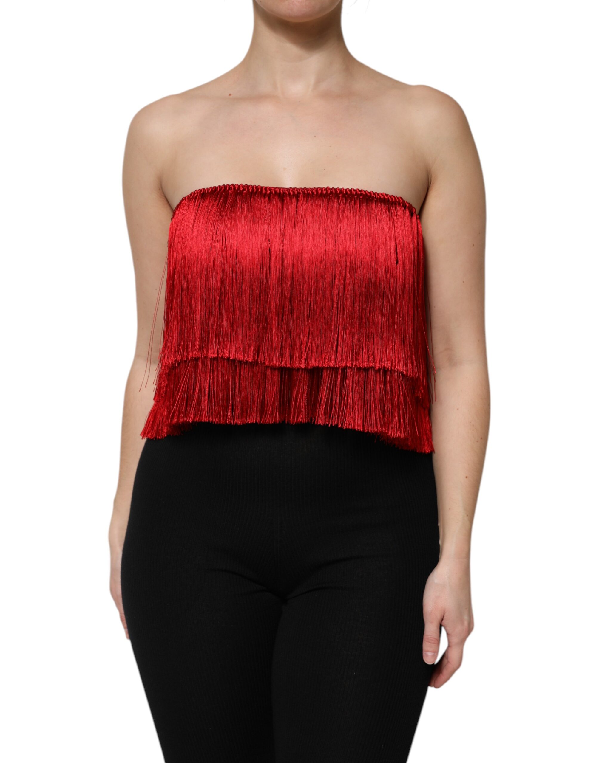 Dolce & Gabbana Red Silk Strapless Fringe Crop Tube Top - Image 2
