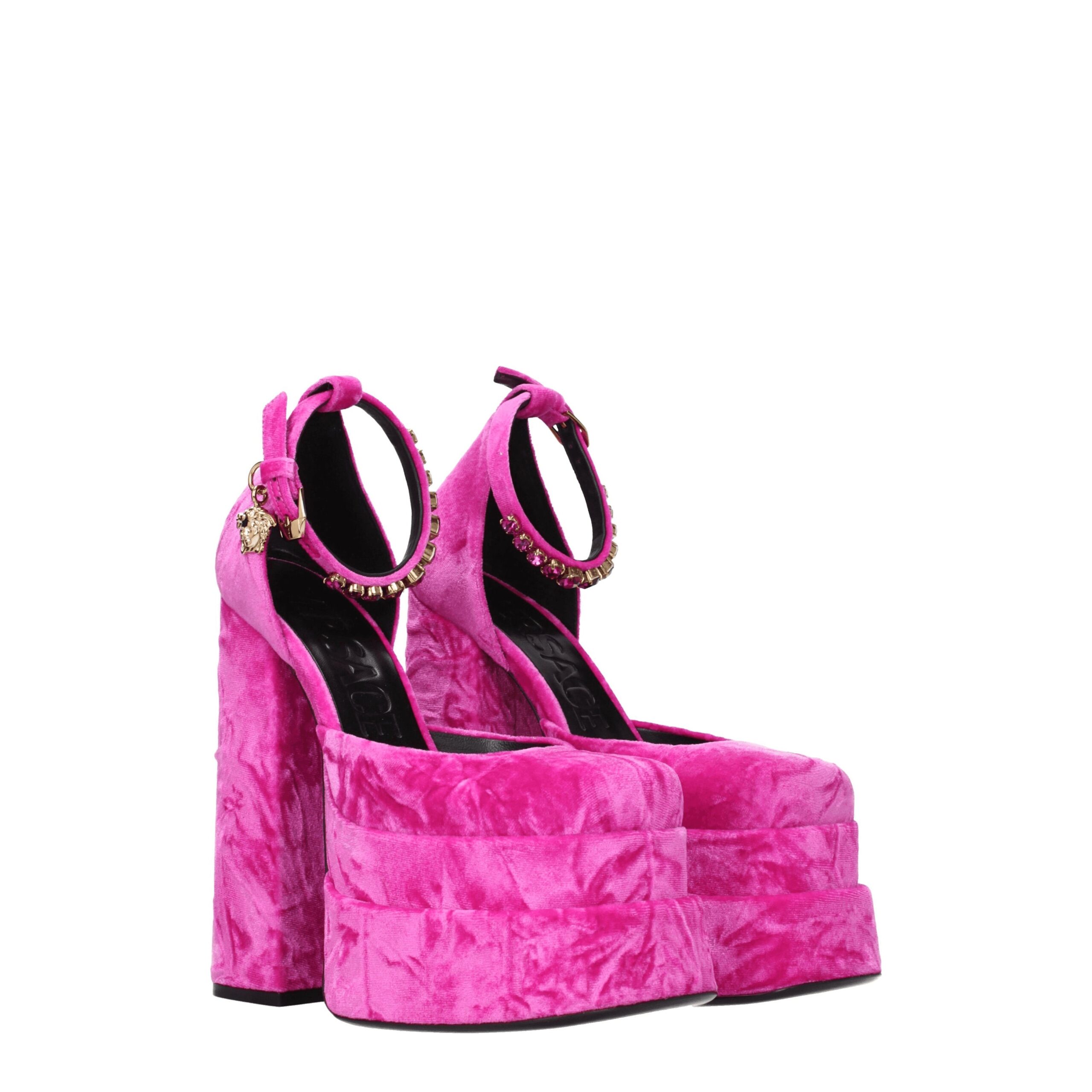 Versace Pink Velvet Platform Sandals - Image 2