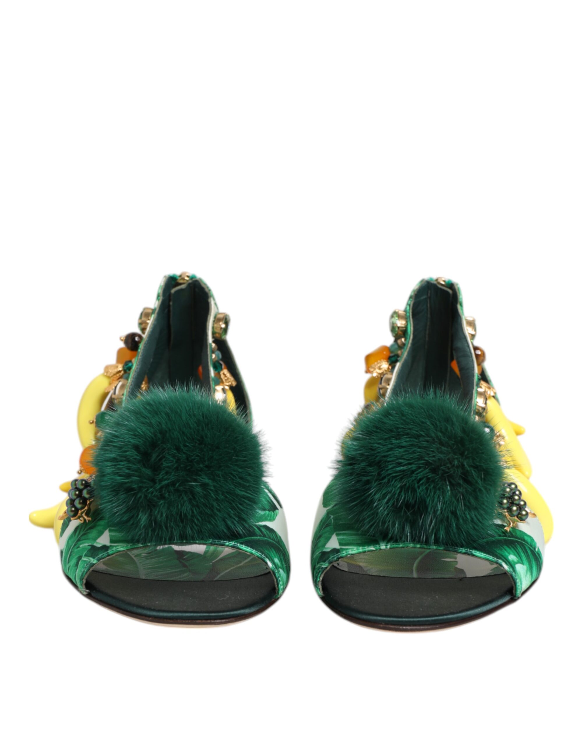 Dolce & Gabbana Green Mink Fur Satin Banana Leaf Sandals Shoes - Image 3