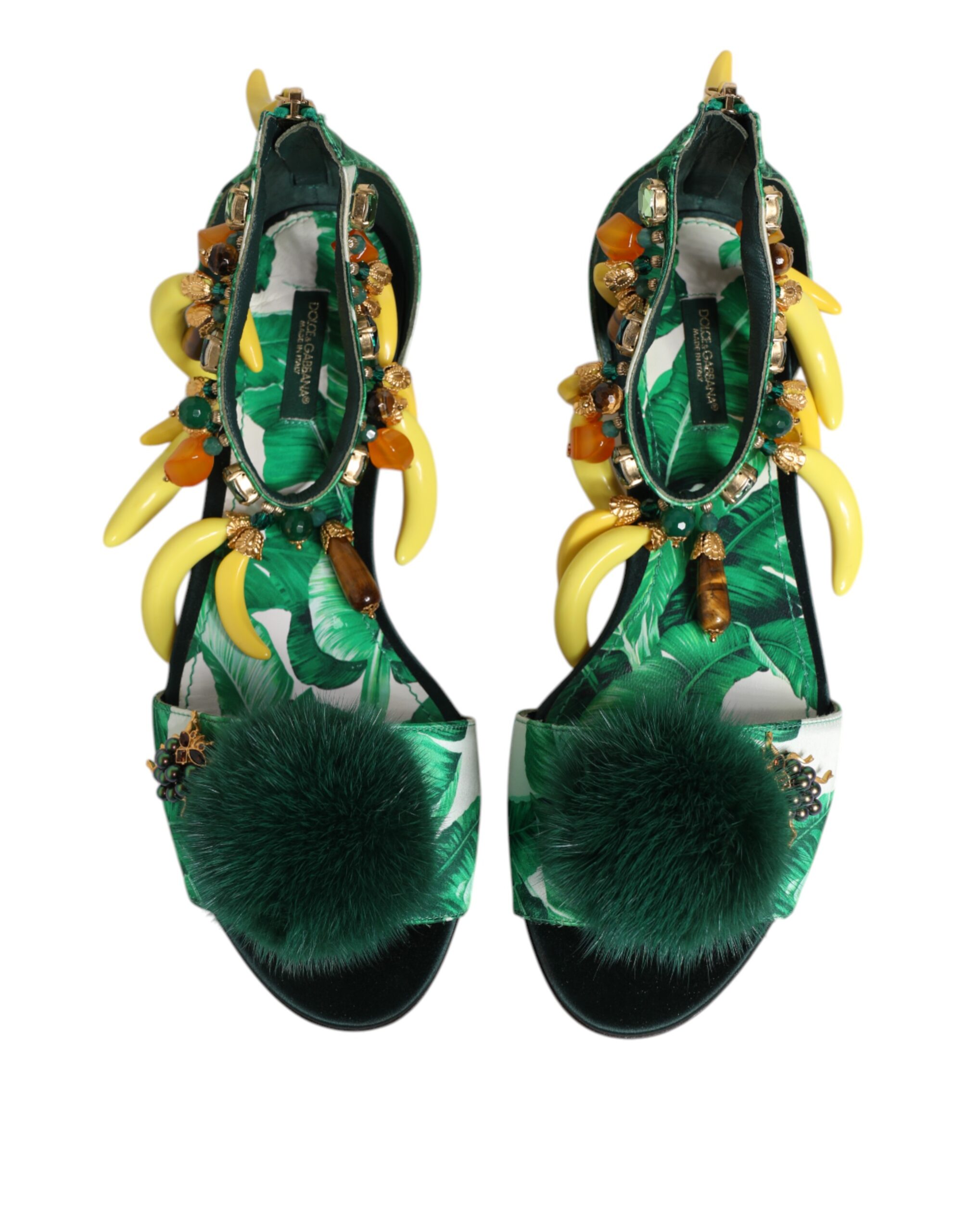 Dolce & Gabbana Green Mink Fur Satin Banana Leaf Sandals Shoes - Image 4