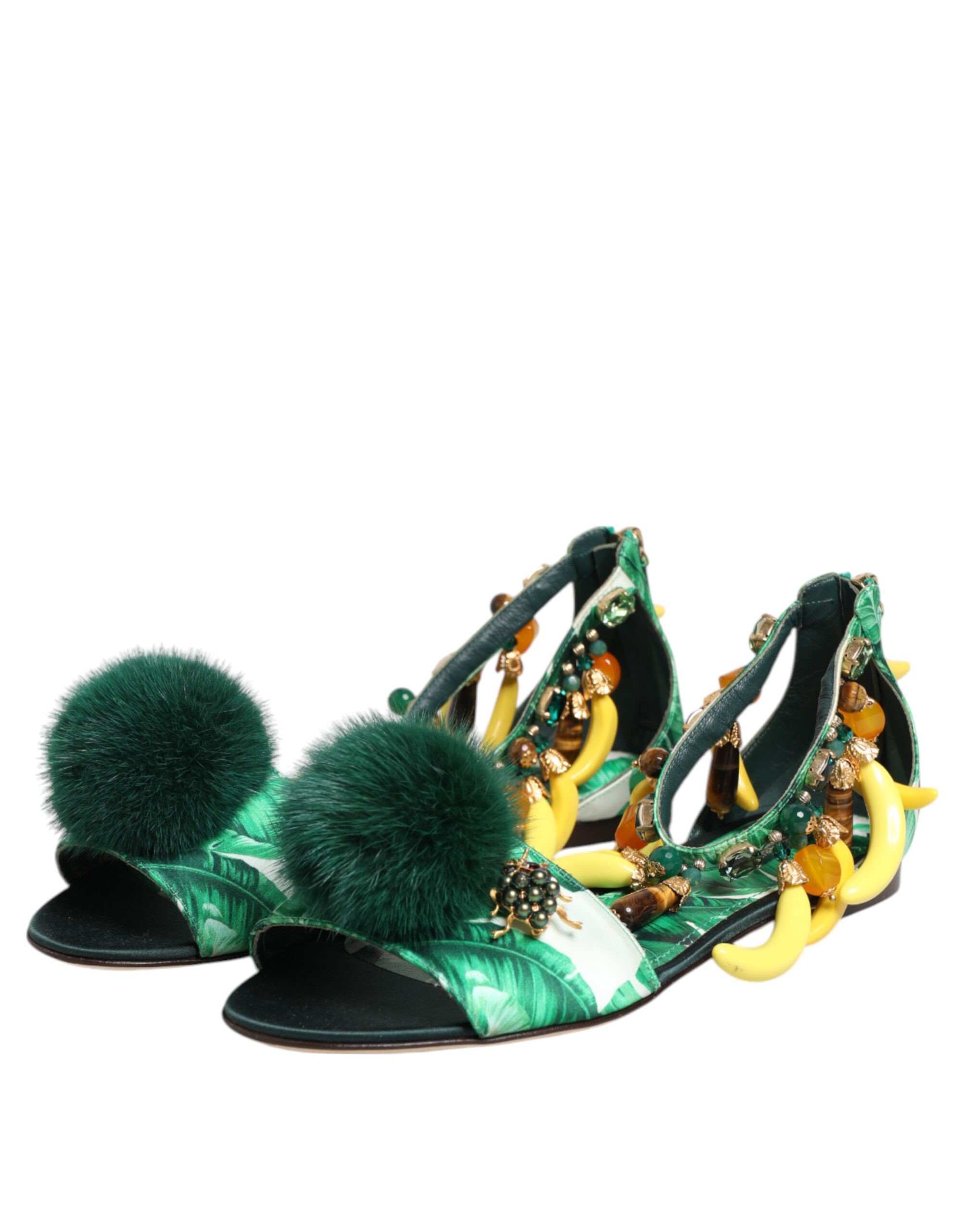 Dolce & Gabbana Green Mink Fur Satin Banana Leaf Sandals Shoes - Image 5