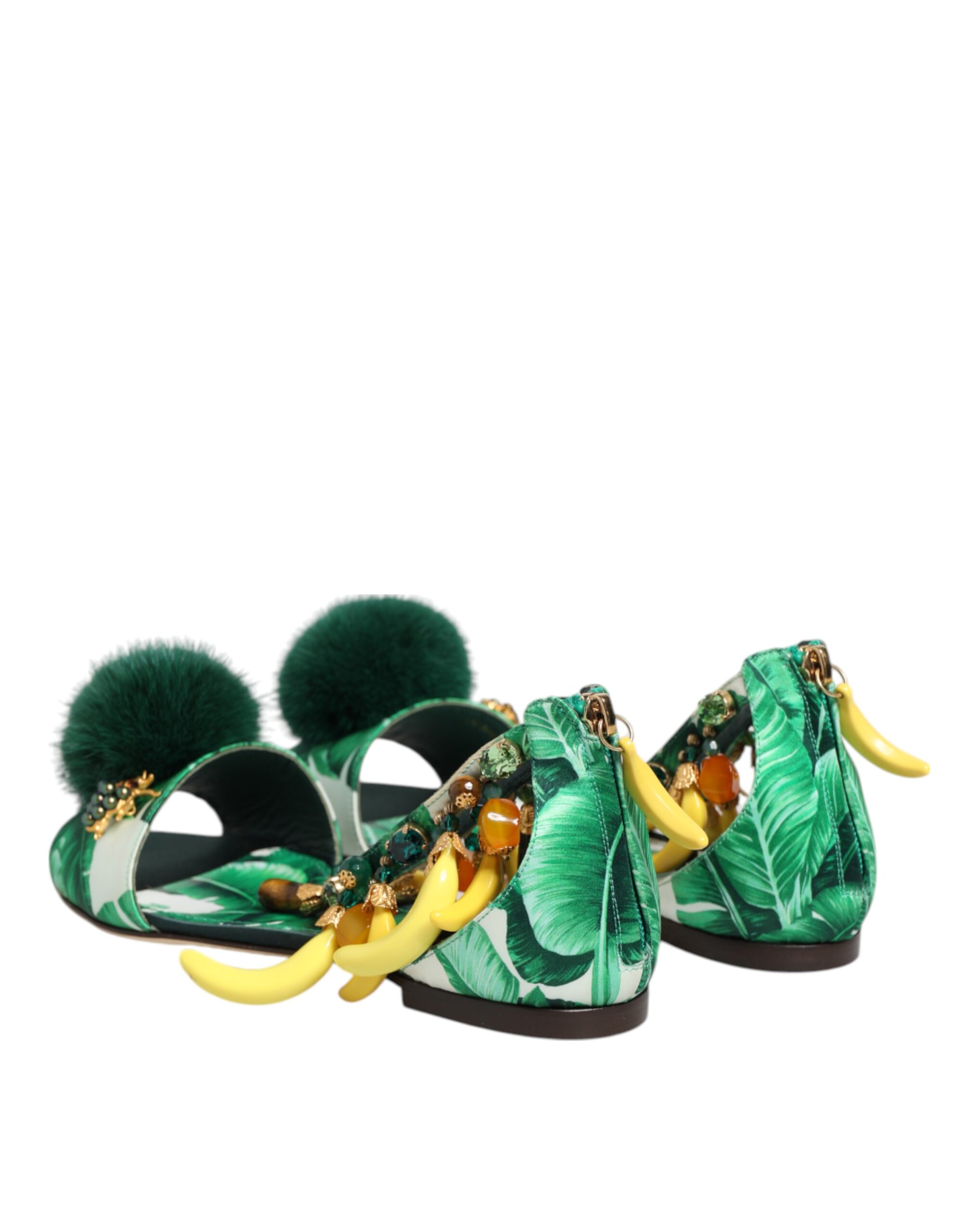 Dolce & Gabbana Green Mink Fur Satin Banana Leaf Sandals Shoes - Image 6