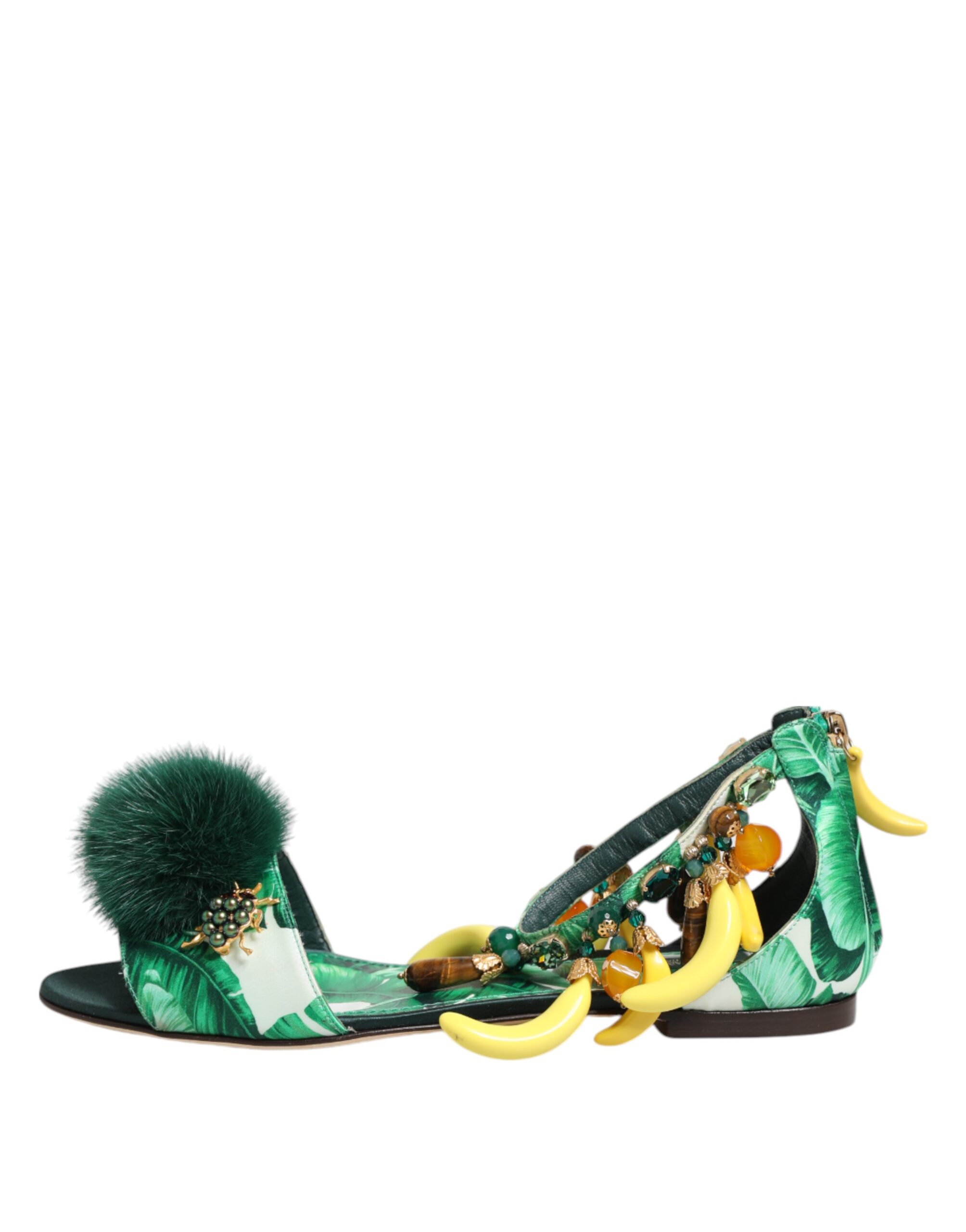 Dolce & Gabbana Green Mink Fur Satin Banana Leaf Sandals Shoes - Image 7