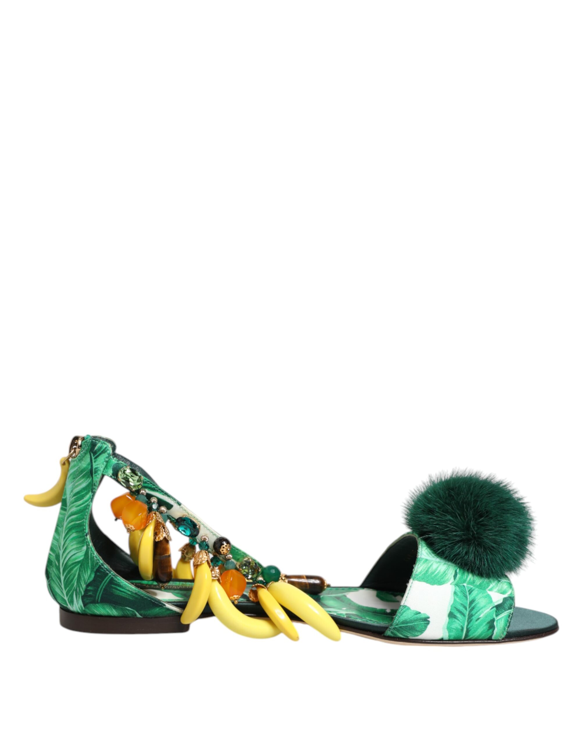 Dolce & Gabbana Green Mink Fur Satin Banana Leaf Sandals Shoes - Image 2