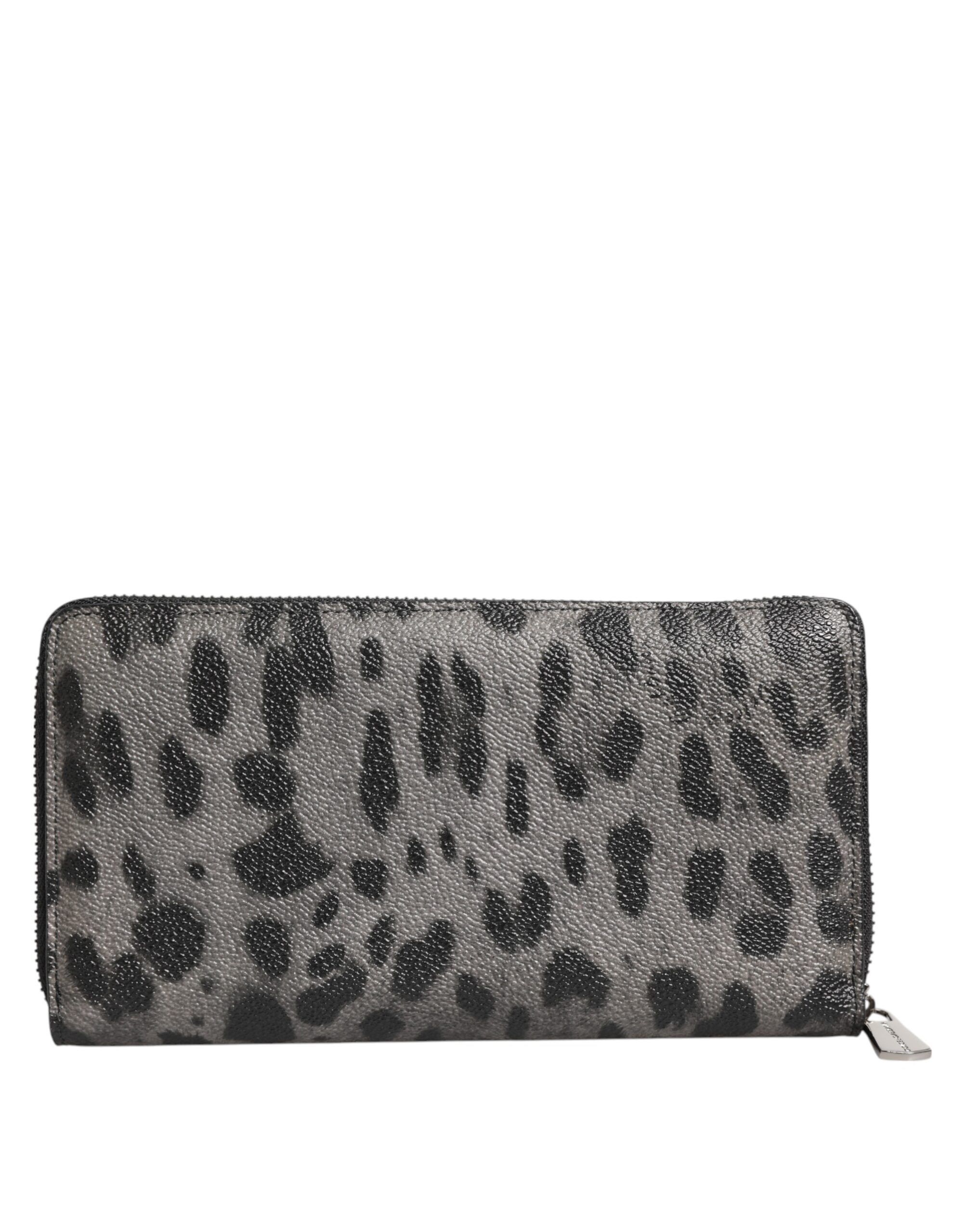 Dolce & Gabbana Black Gray Leopard Leather Zip Around Continental Wallet - Image 4