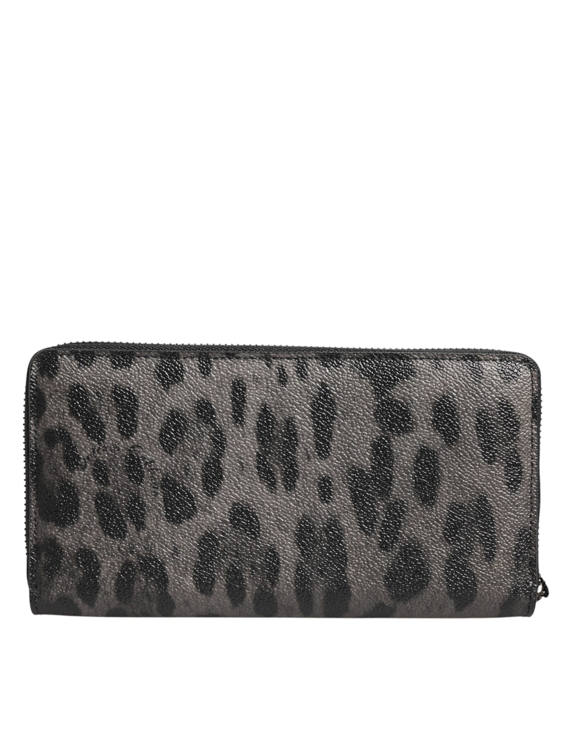 Dolce & Gabbana Black Gray Leopard Leather Zip Around Continental Wallet - Image 4