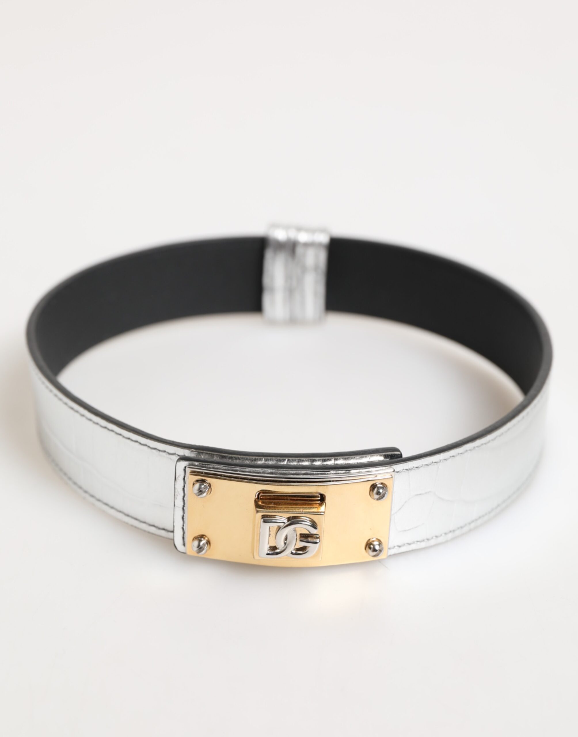 Dolce & Gabbana Silver Textured Leather Gold Tone Metal Neckband - Image 2
