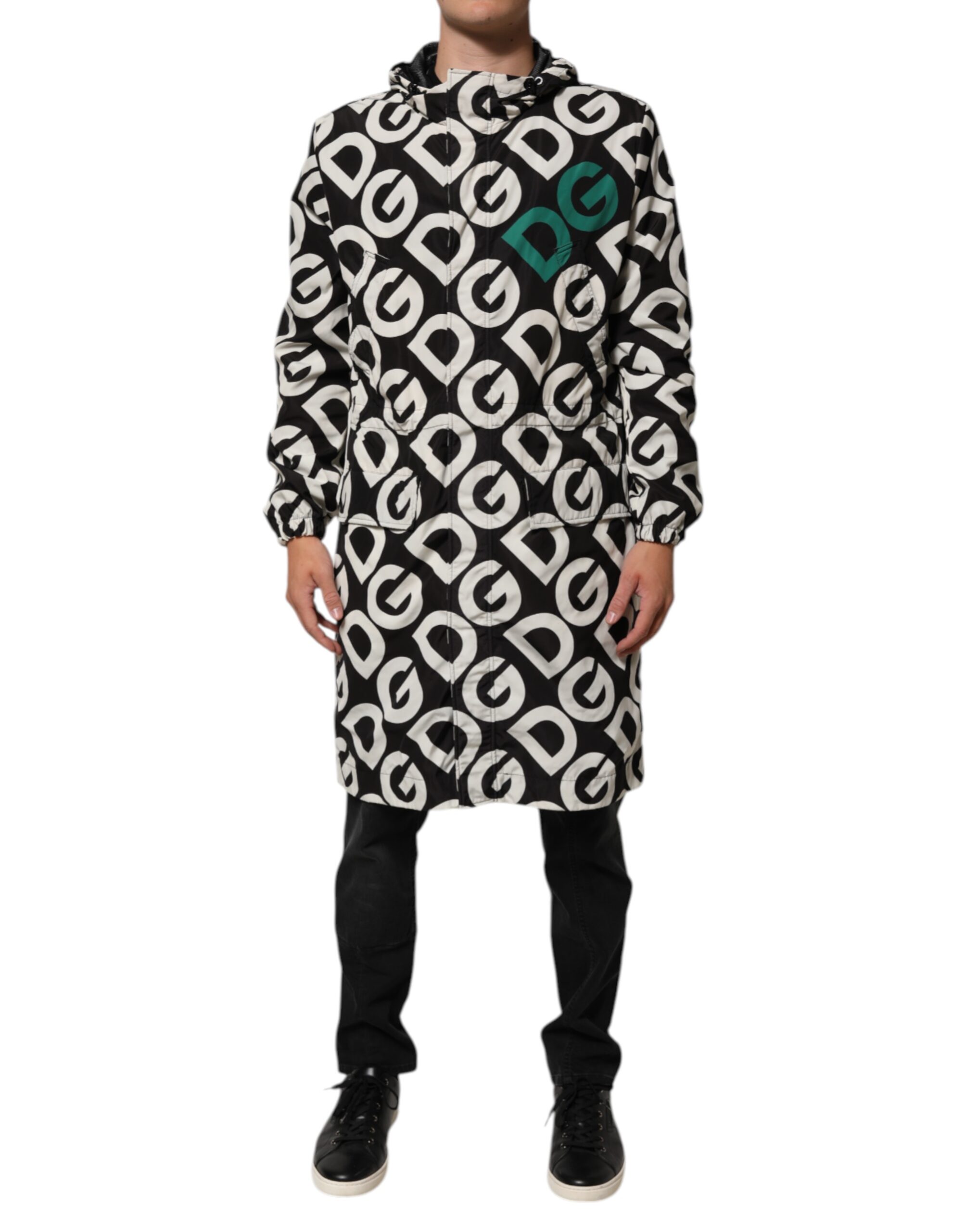 Dolce & Gabbana Black White Logo Print Hooded Coat Men Jacket - Image 2