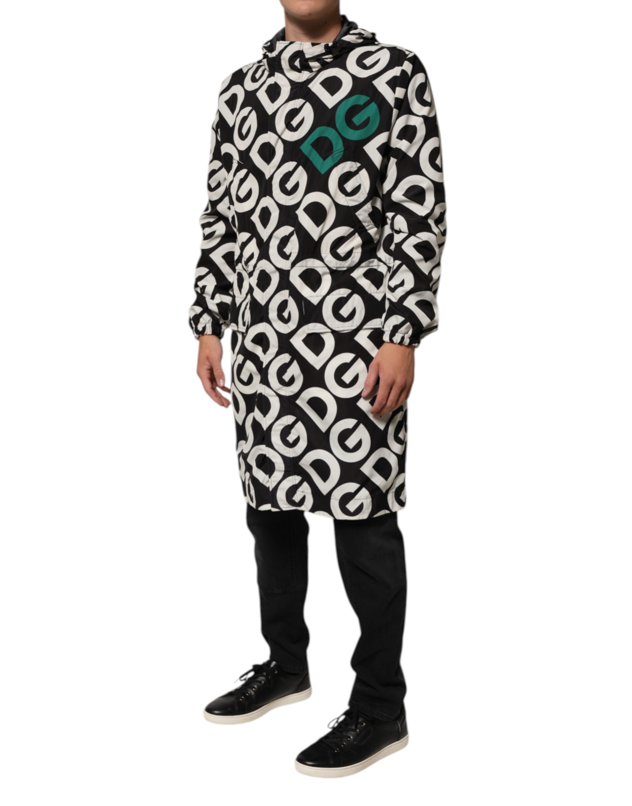 Dolce & Gabbana Black White Logo Print Hooded Coat Men Jacket - Image 3