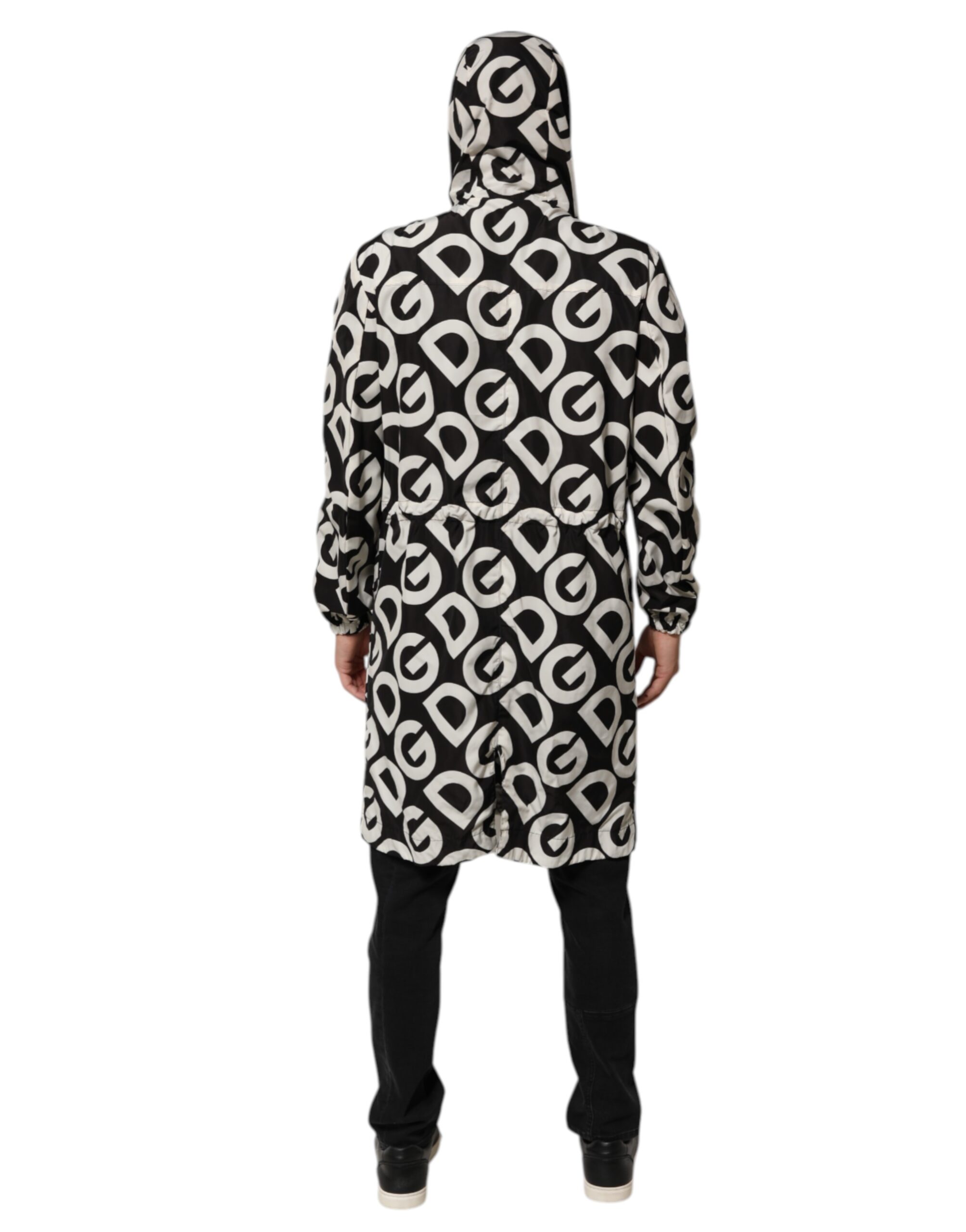 Dolce & Gabbana Black White Logo Print Hooded Coat Men Jacket - Image 4
