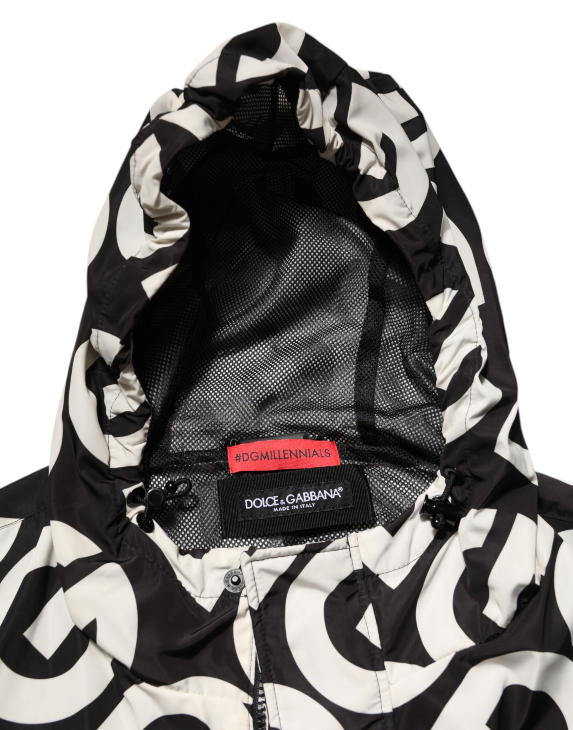 Dolce & Gabbana Black White Logo Print Hooded Coat Men Jacket - Image 7