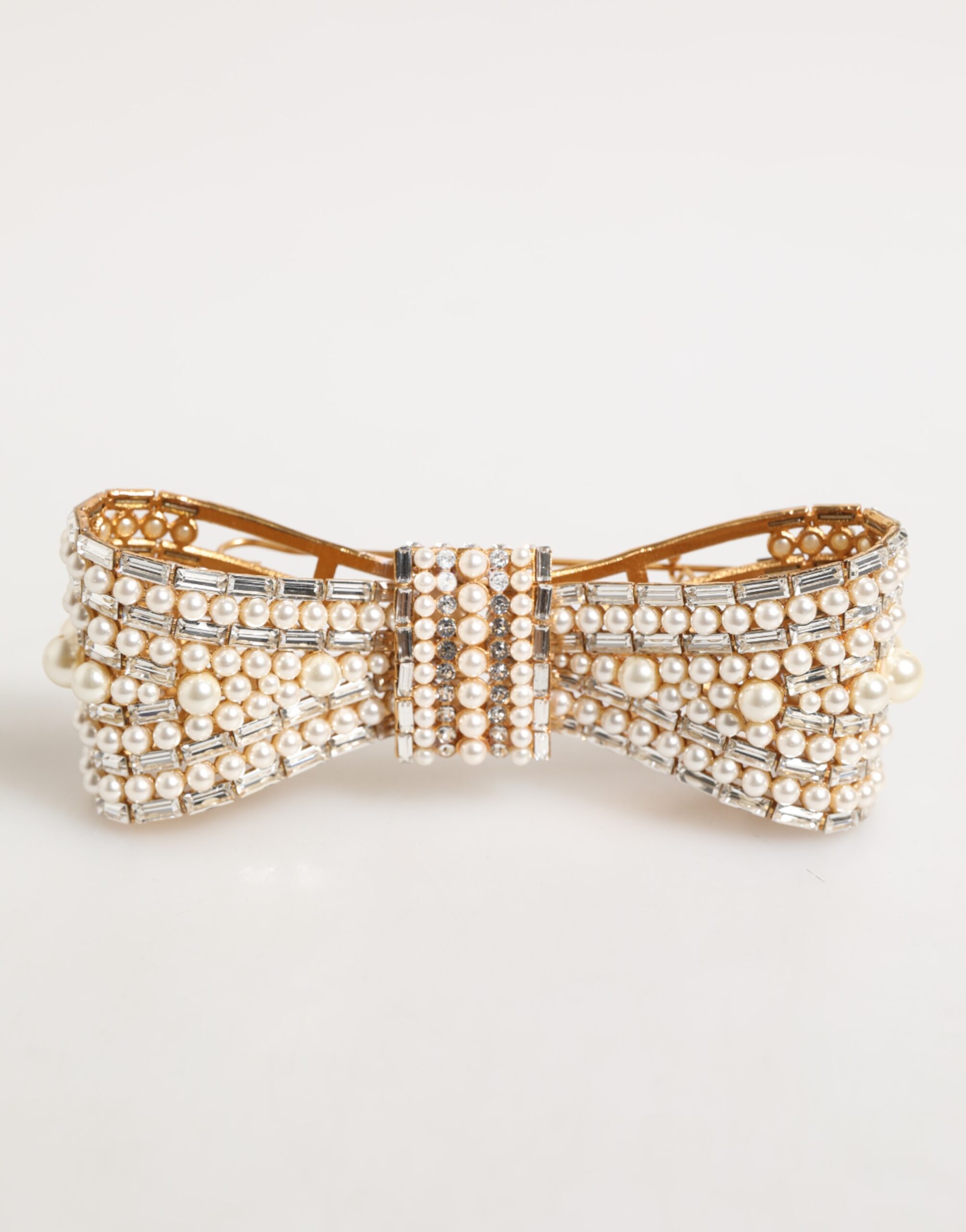 Dolce & Gabbana Gold Brass Glas Crystal Faux Pearl Embellished Brooch - Image 2