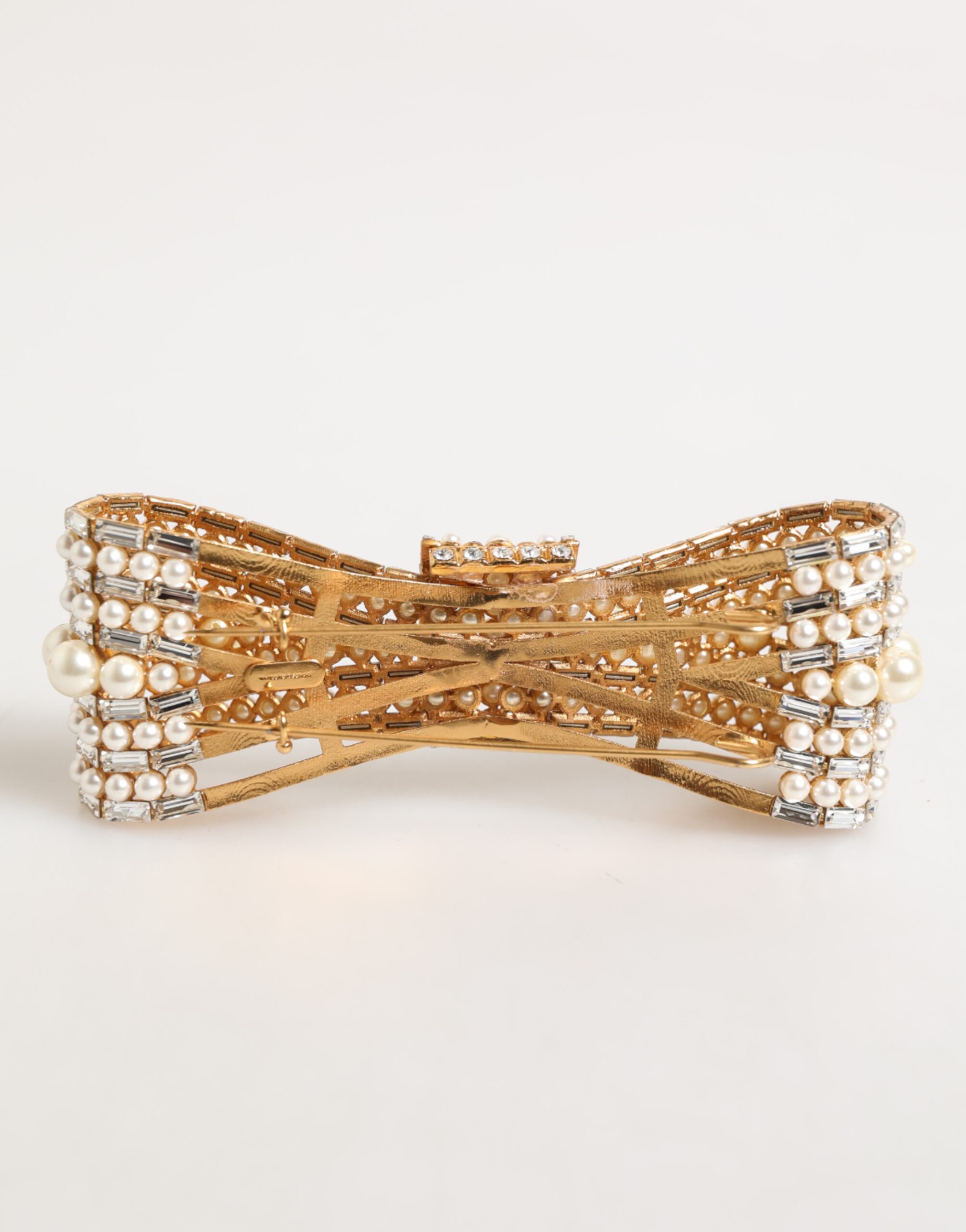 Dolce & Gabbana Gold Brass Glas Crystal Faux Pearl Embellished Brooch - Image 4