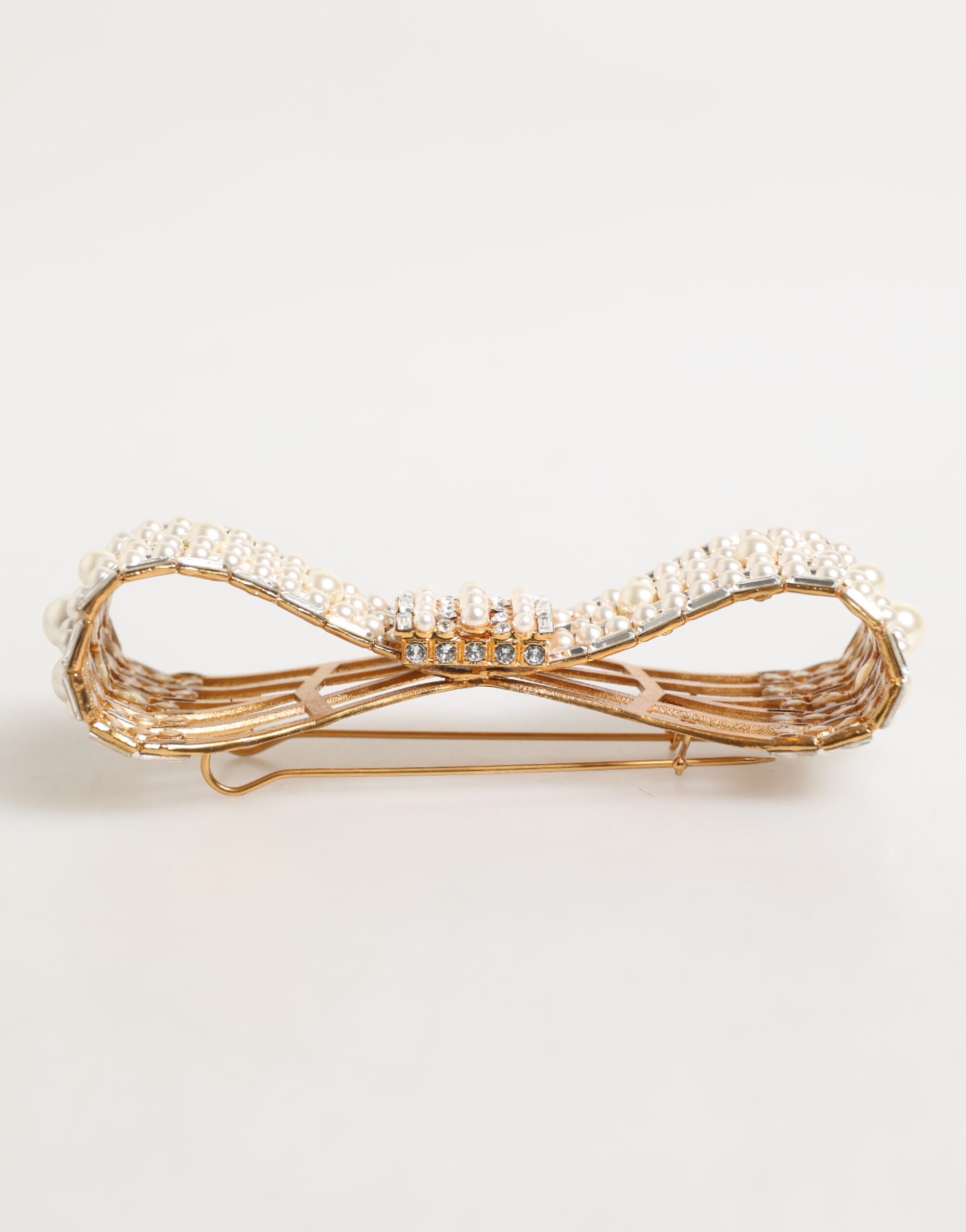 Dolce & Gabbana Gold Brass Glas Crystal Faux Pearl Embellished Brooch - Image 6