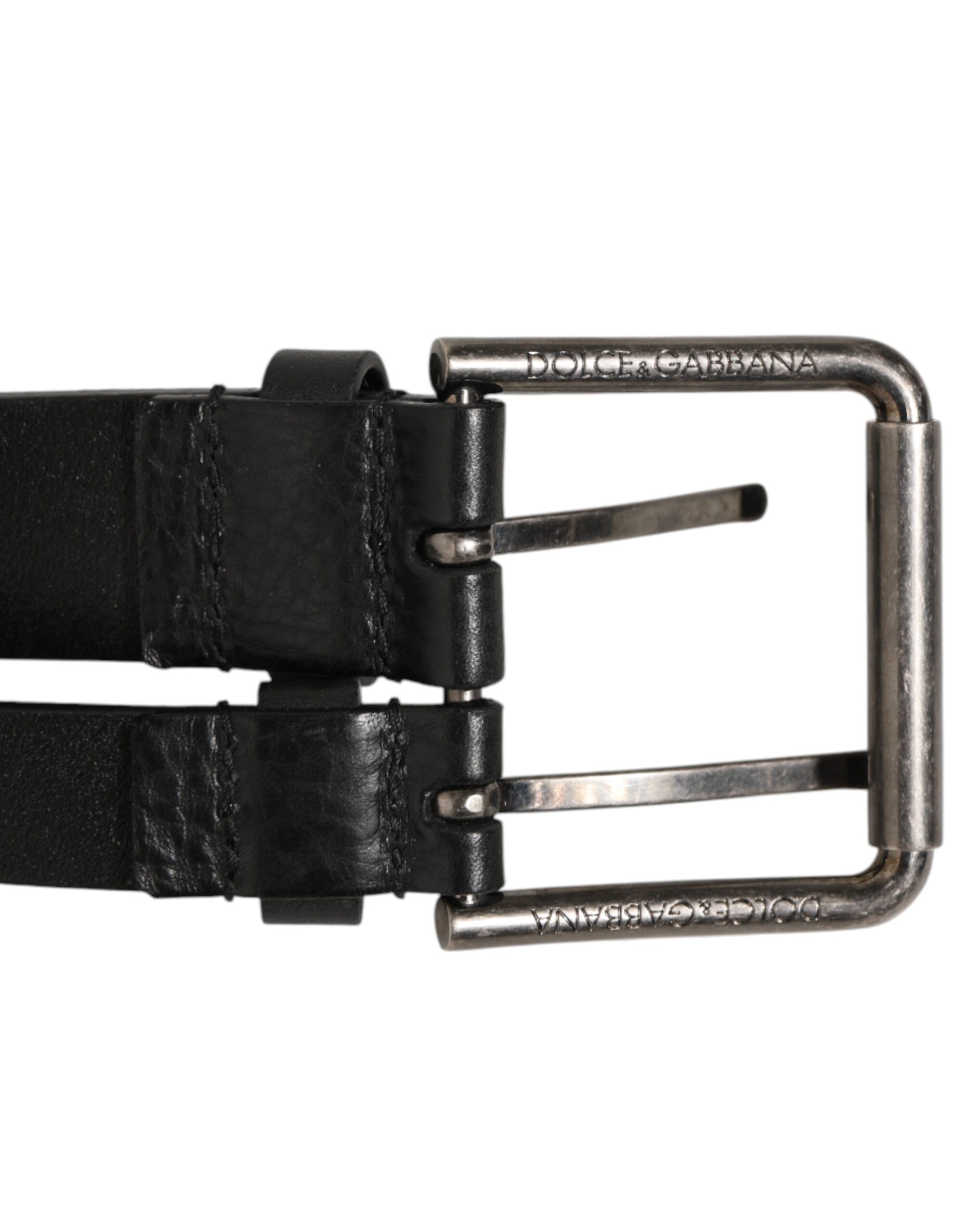 Dolce & Gabbana Black Double Strap Leather Silver Buckle Belt - Image 3