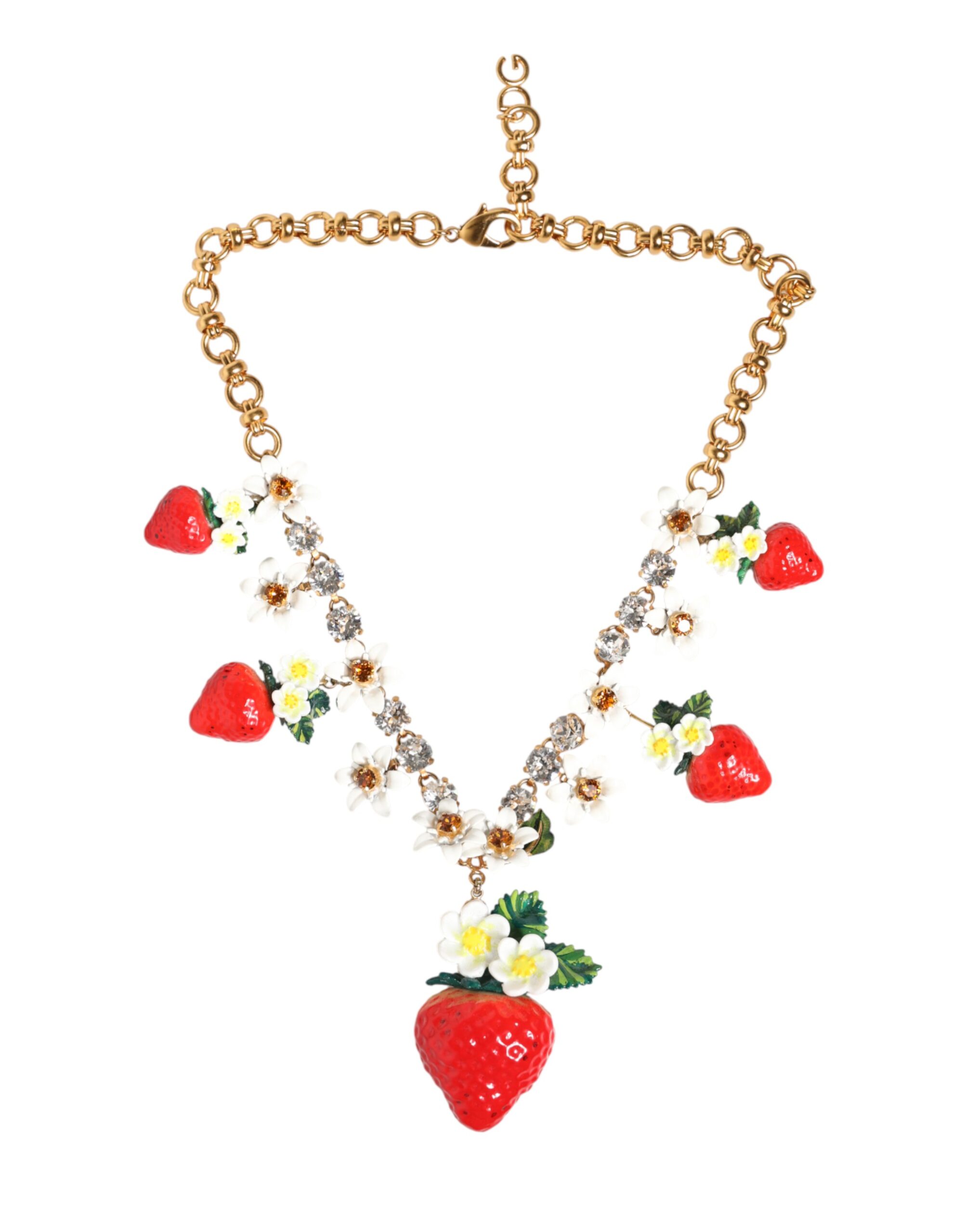 Dolce & Gabbana Gold Brass FRUIT Pendants Flowers Crystal Logo Necklace - Image 2