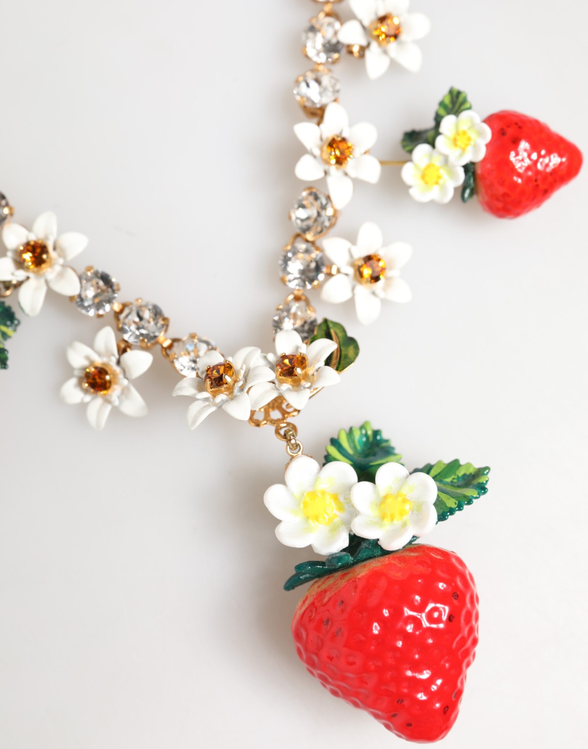 Dolce & Gabbana Gold Brass FRUIT Pendants Flowers Crystal Logo Necklace - Image 3