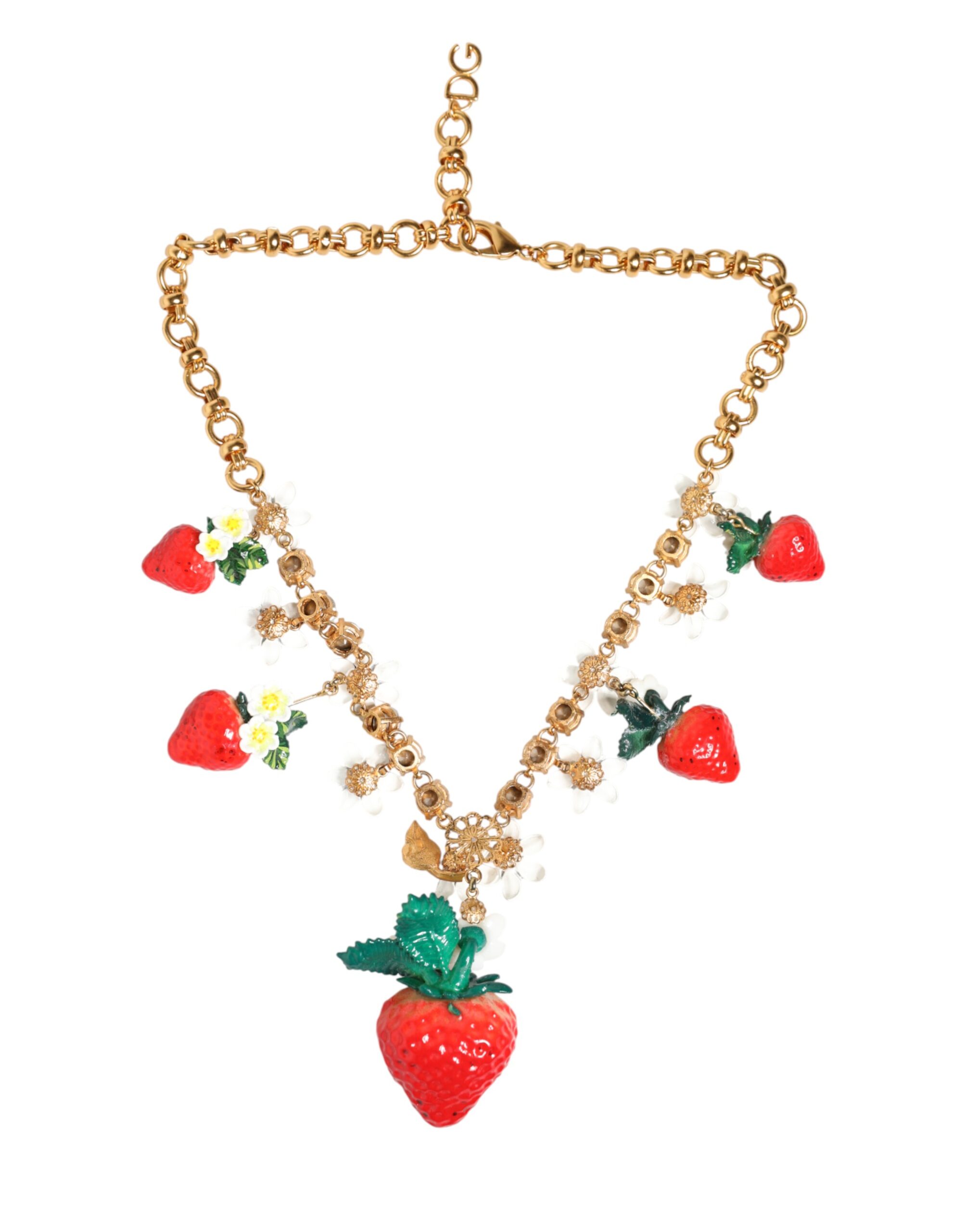 Dolce & Gabbana Gold Brass FRUIT Pendants Flowers Crystal Logo Necklace - Image 4