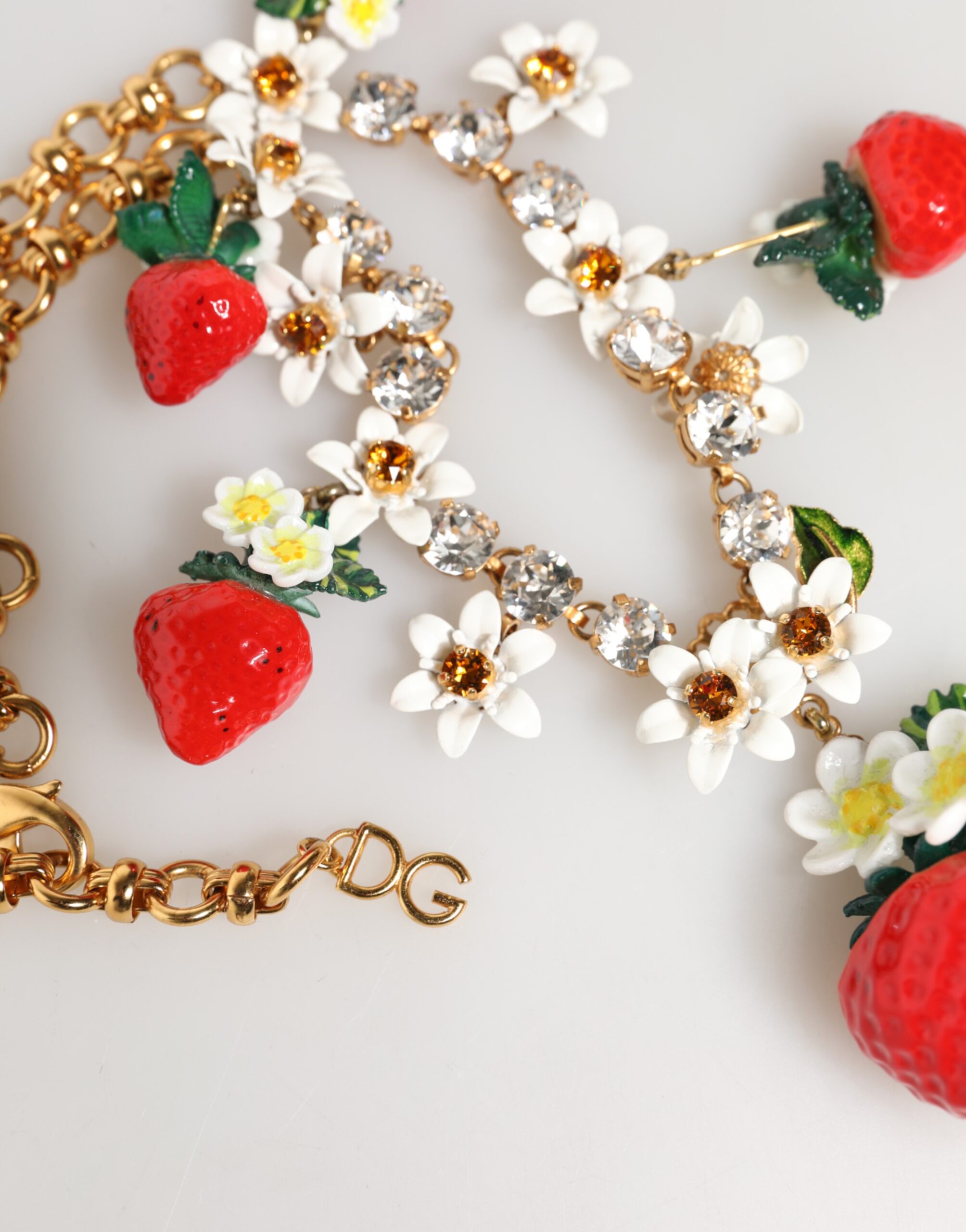 Dolce & Gabbana Gold Brass FRUIT Pendants Flowers Crystal Logo Necklace - Image 5