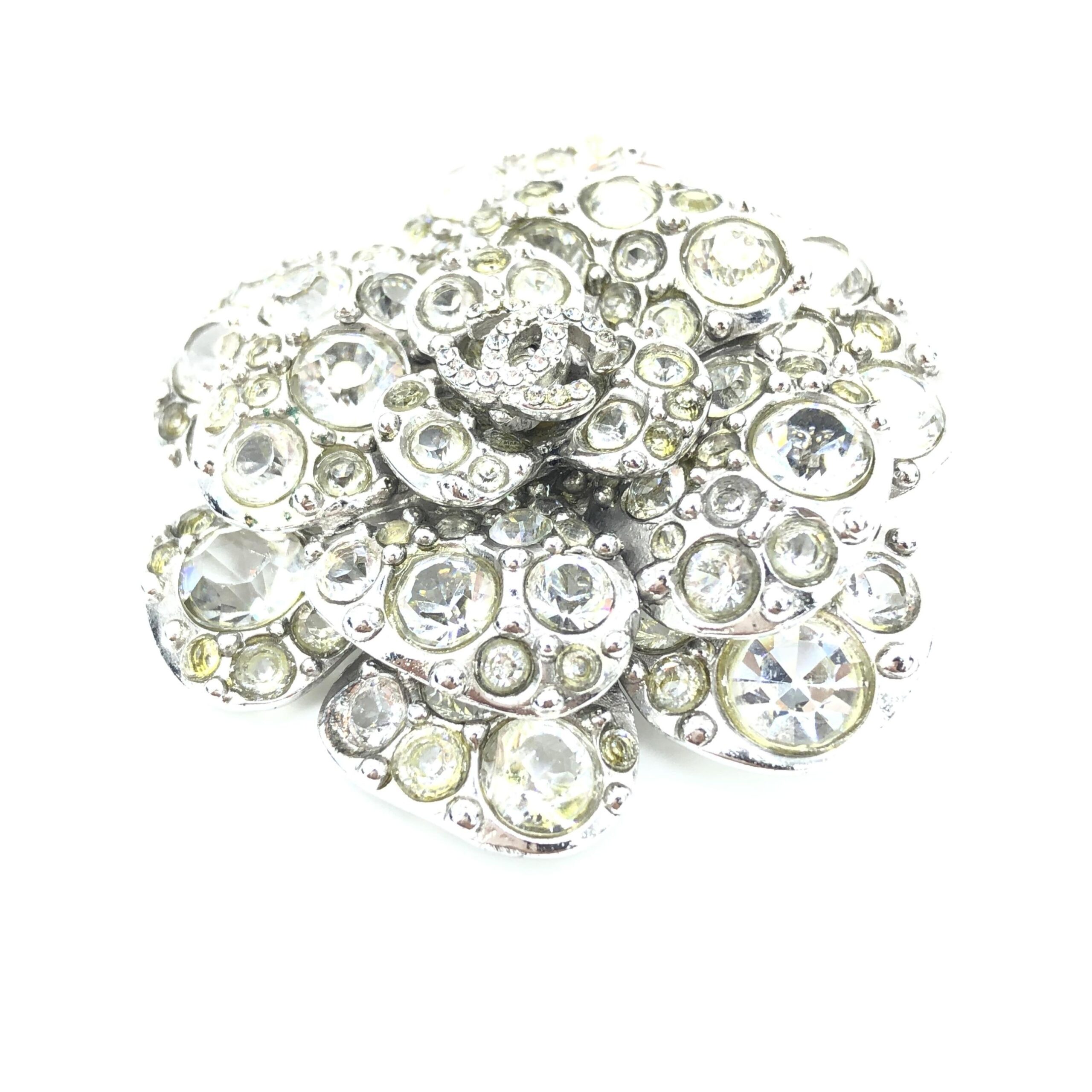 Chanel Silver Crystal Camellia Flower Brooch - Image 3