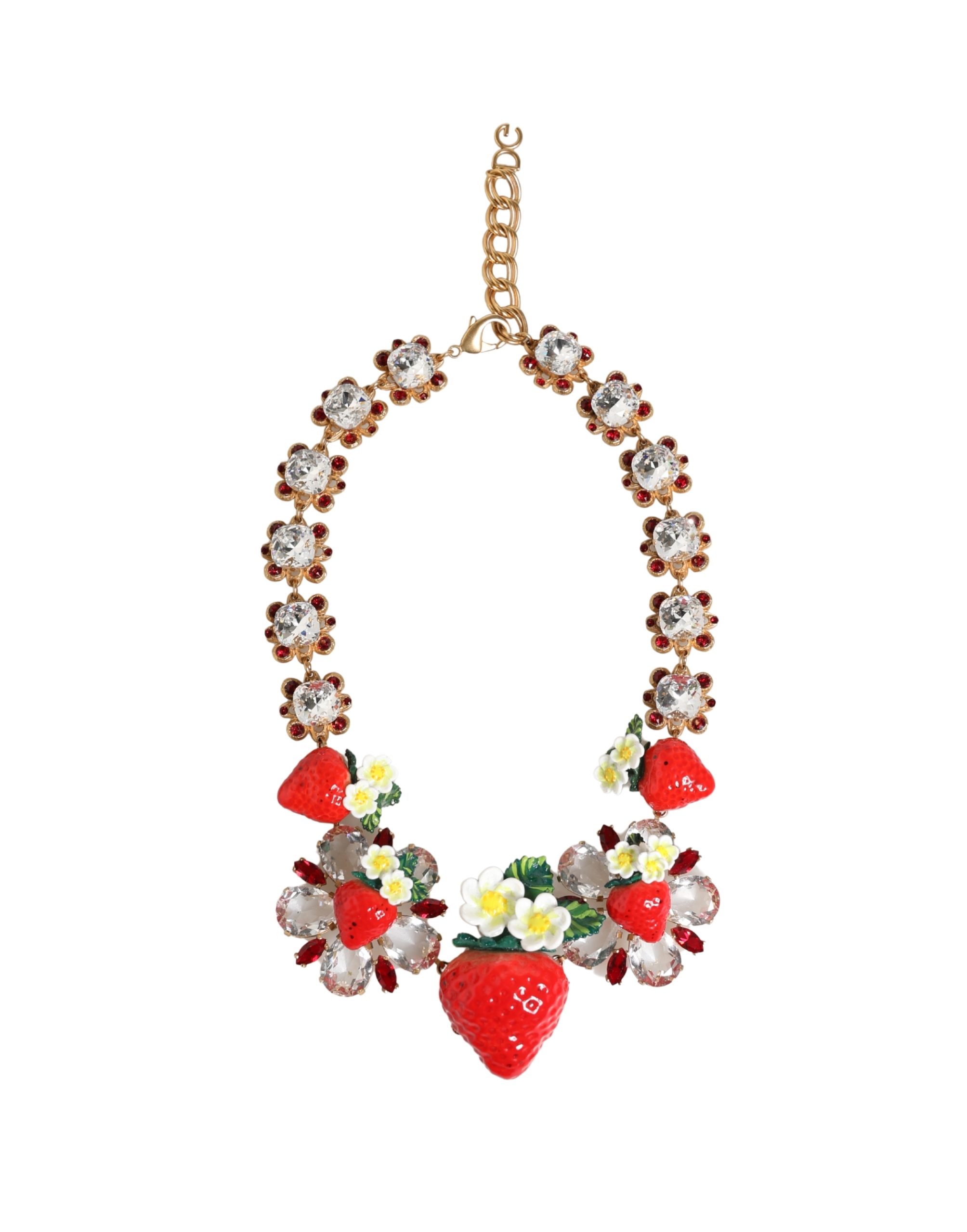 Dolce & Gabbana Gold Brass FRUIT Pendants Flowers Crystal Logo Necklace - Image 2