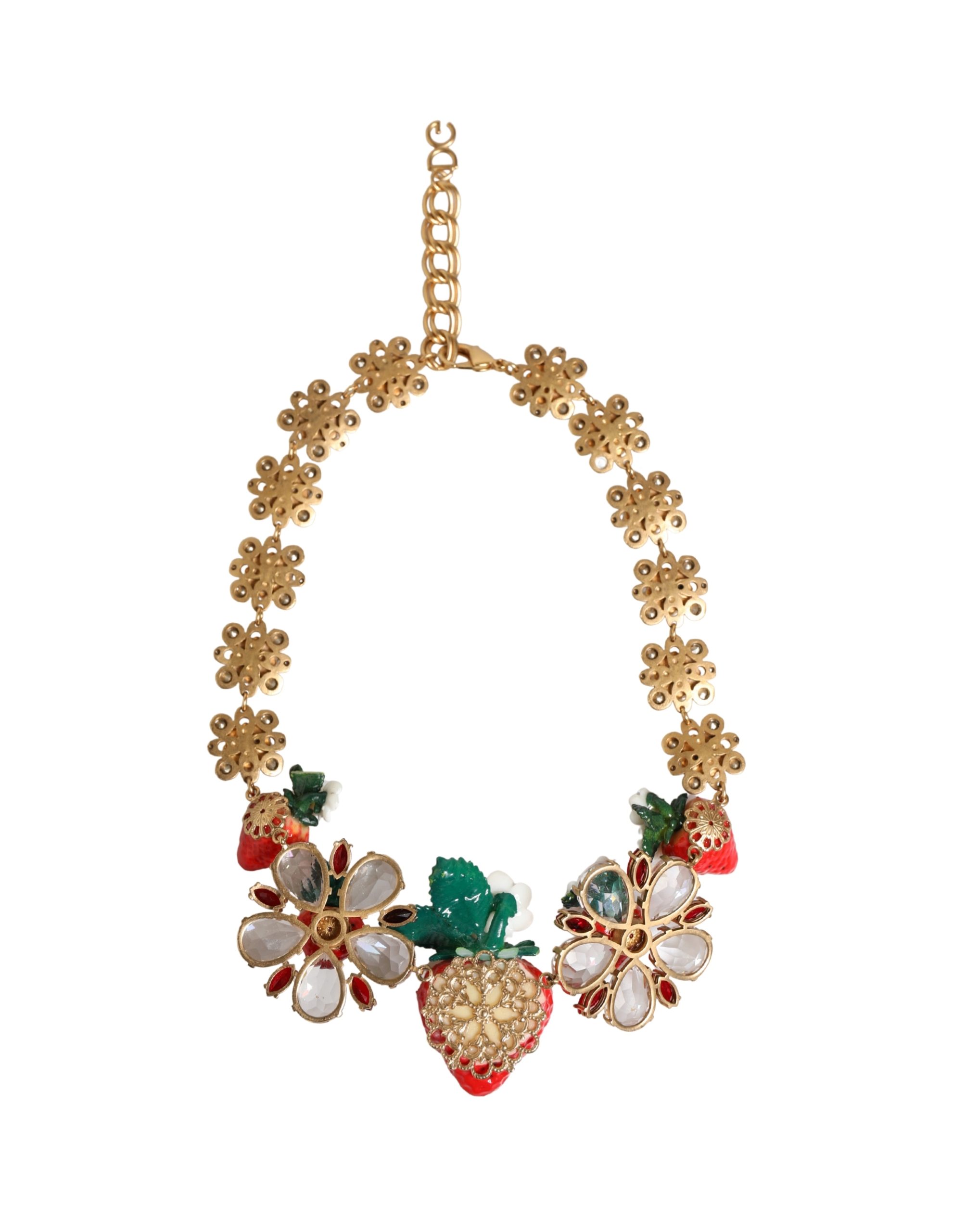Dolce & Gabbana Gold Brass FRUIT Pendants Flowers Crystal Logo Necklace - Image 5