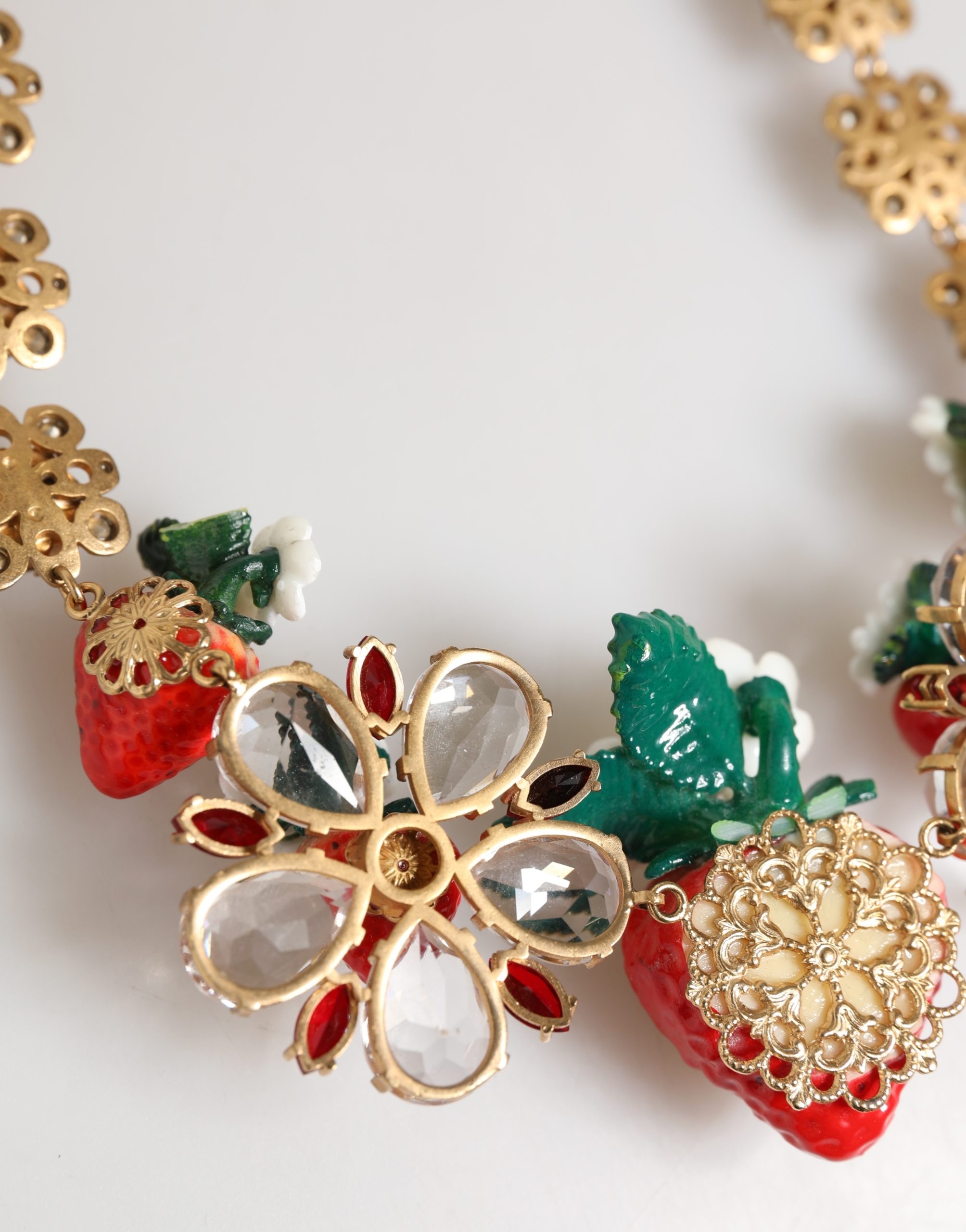 Dolce & Gabbana Gold Brass FRUIT Pendants Flowers Crystal Logo Necklace - Image 6