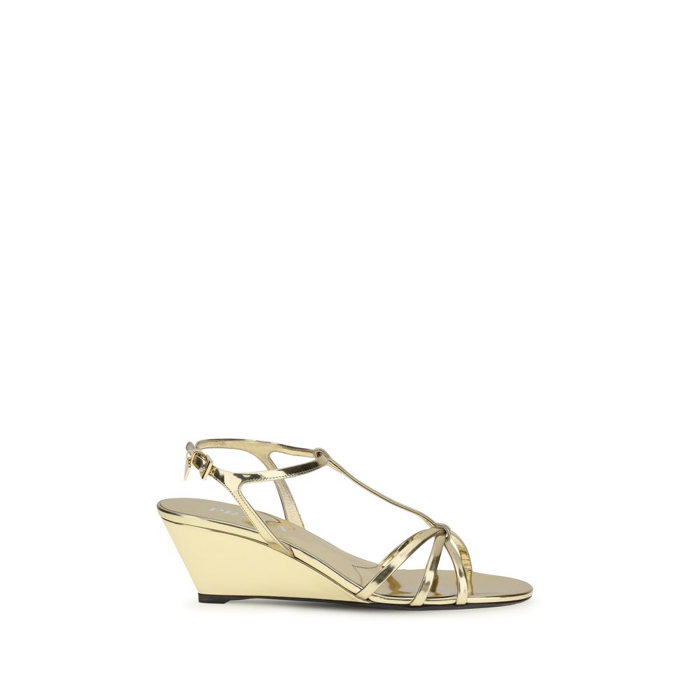 Prada Gold Calf Leather Bos Taurus Wedge Sandals