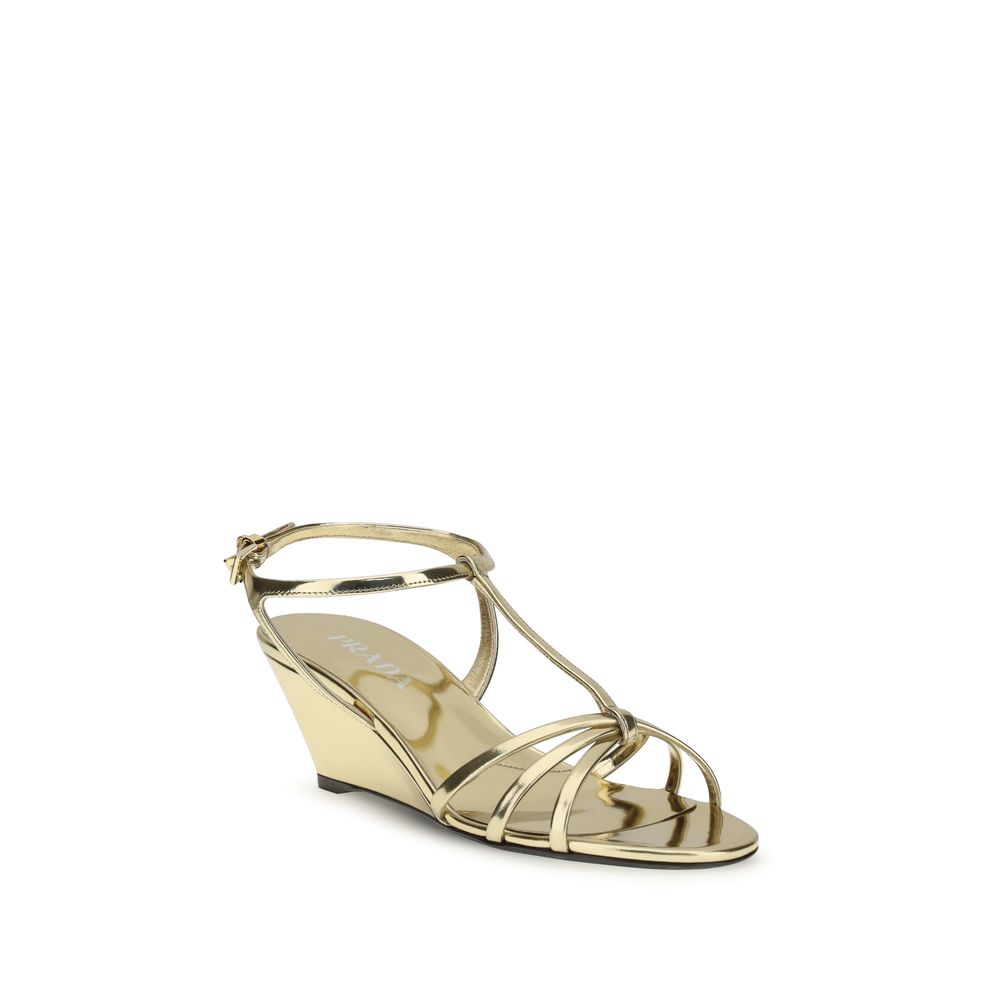 Prada Gold Calf Leather Bos Taurus Wedge Sandals - Image 2