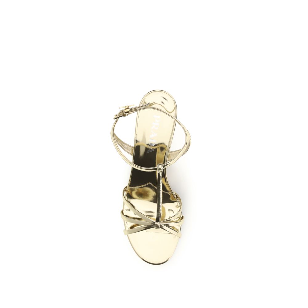 Prada Gold Calf Leather Bos Taurus Wedge Sandals - Image 4