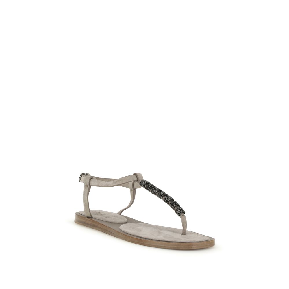 Brunello Cucinelli Beige Calf Leather Bos Taurus Flat Sandals - Image 2