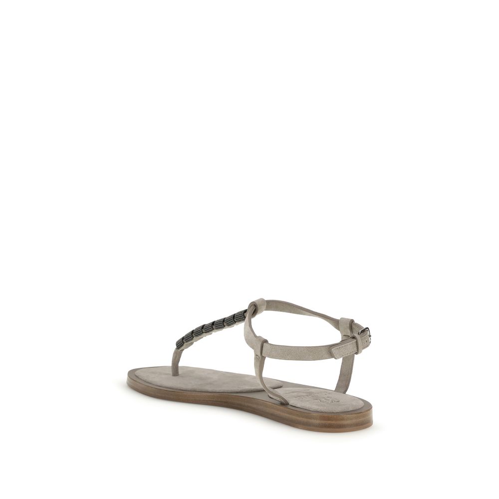 Brunello Cucinelli Beige Calf Leather Bos Taurus Flat Sandals - Image 3
