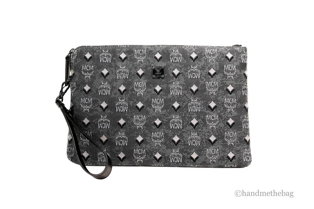 MCM Veritas Medium Dark Grey Denim Monogram Logo Canvas Clutch Pouch Handbag