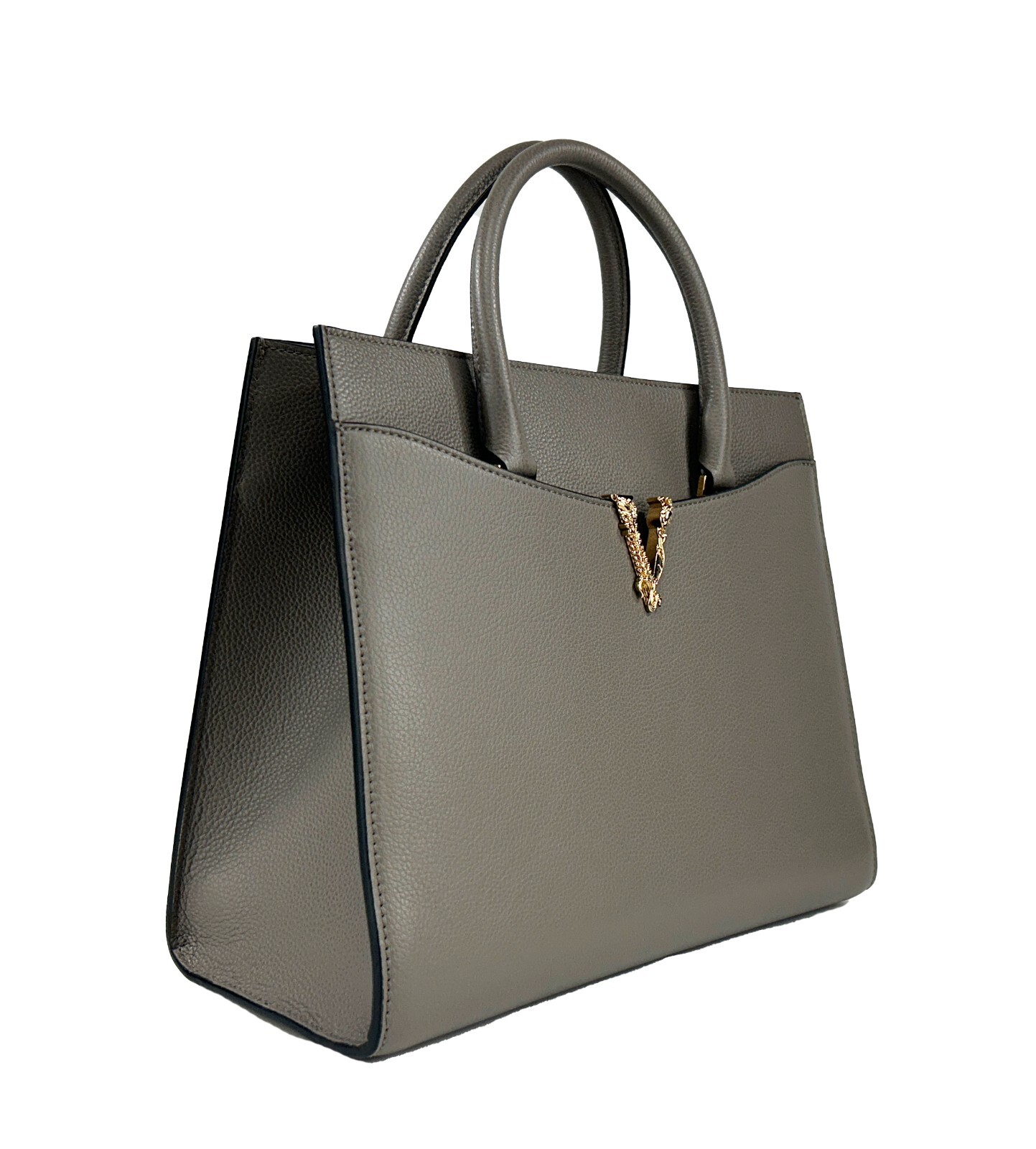 Versace Virtus Large Leather Top Handle Satchel Bag Tote Gray - Image 2