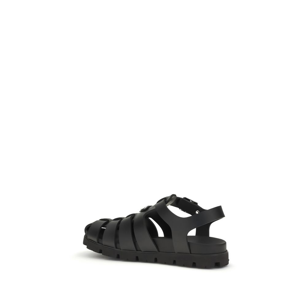Prada Black Calf Leather Bos Taurus Flat Sandals - Image 3