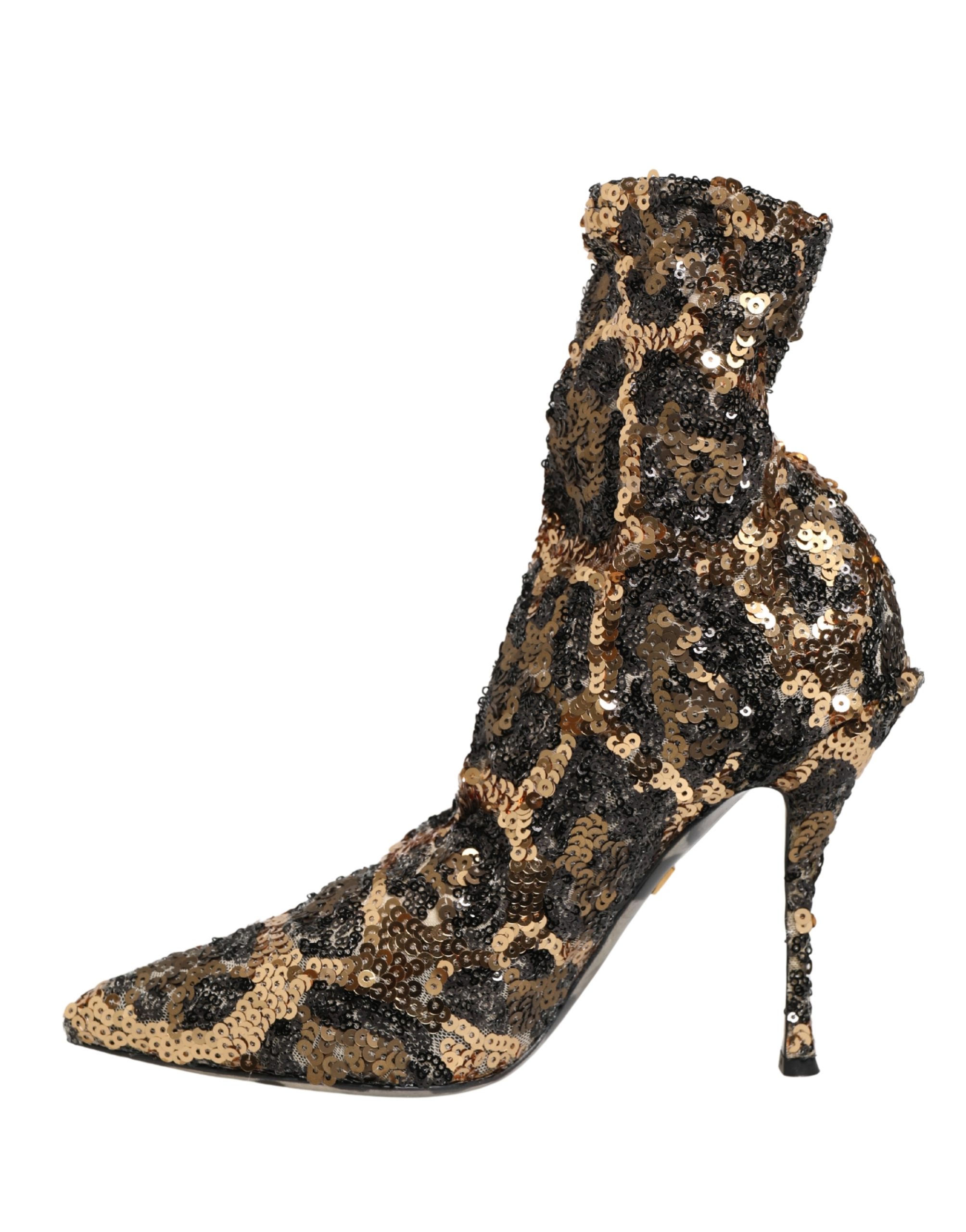 Dolce & Gabbana Gold Leopard Sequin Sock Ankle Boots Shoes - Image 7