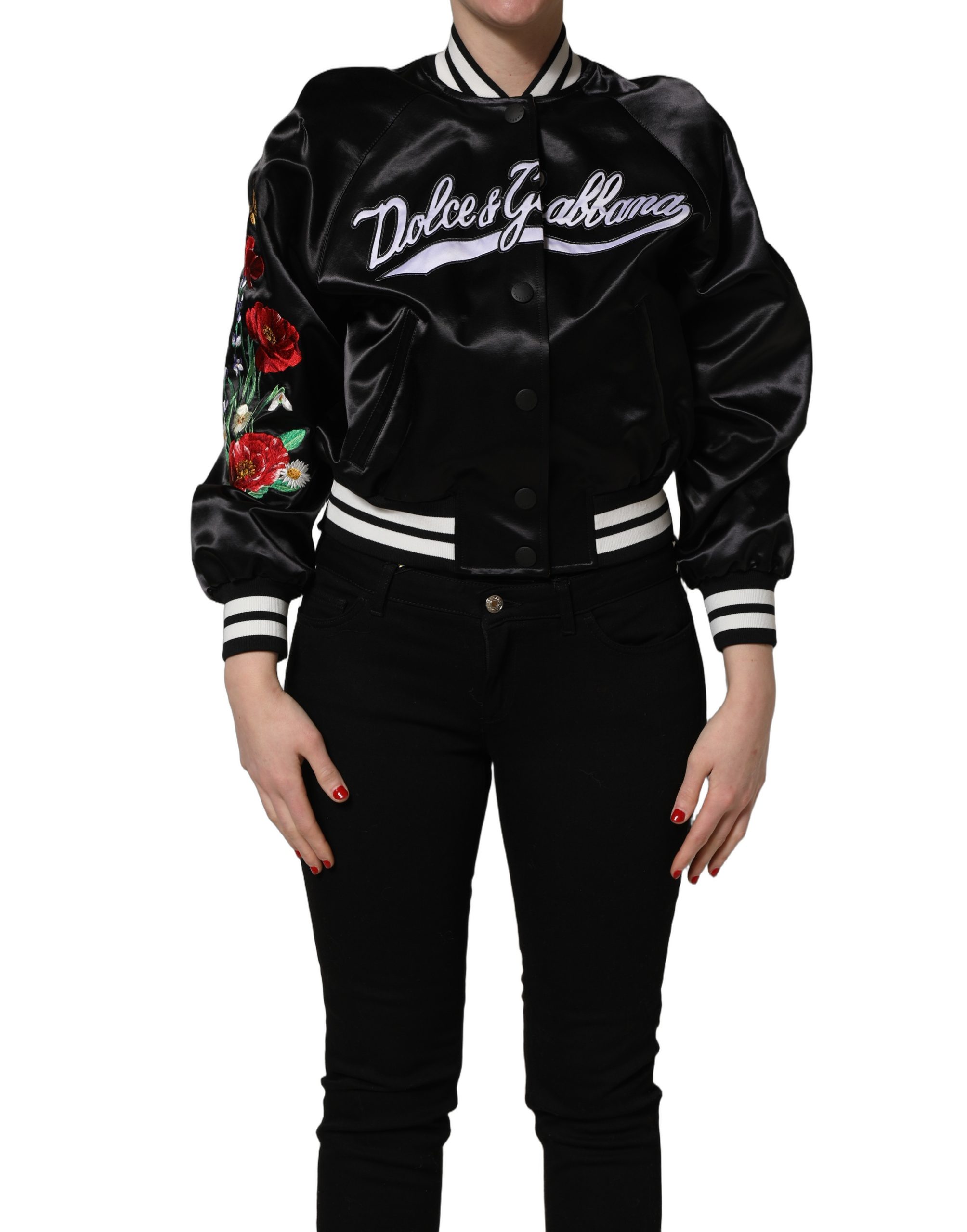 Dolce & Gabbana Black Satin Floral Embroidery Bomber Jacket - Image 2