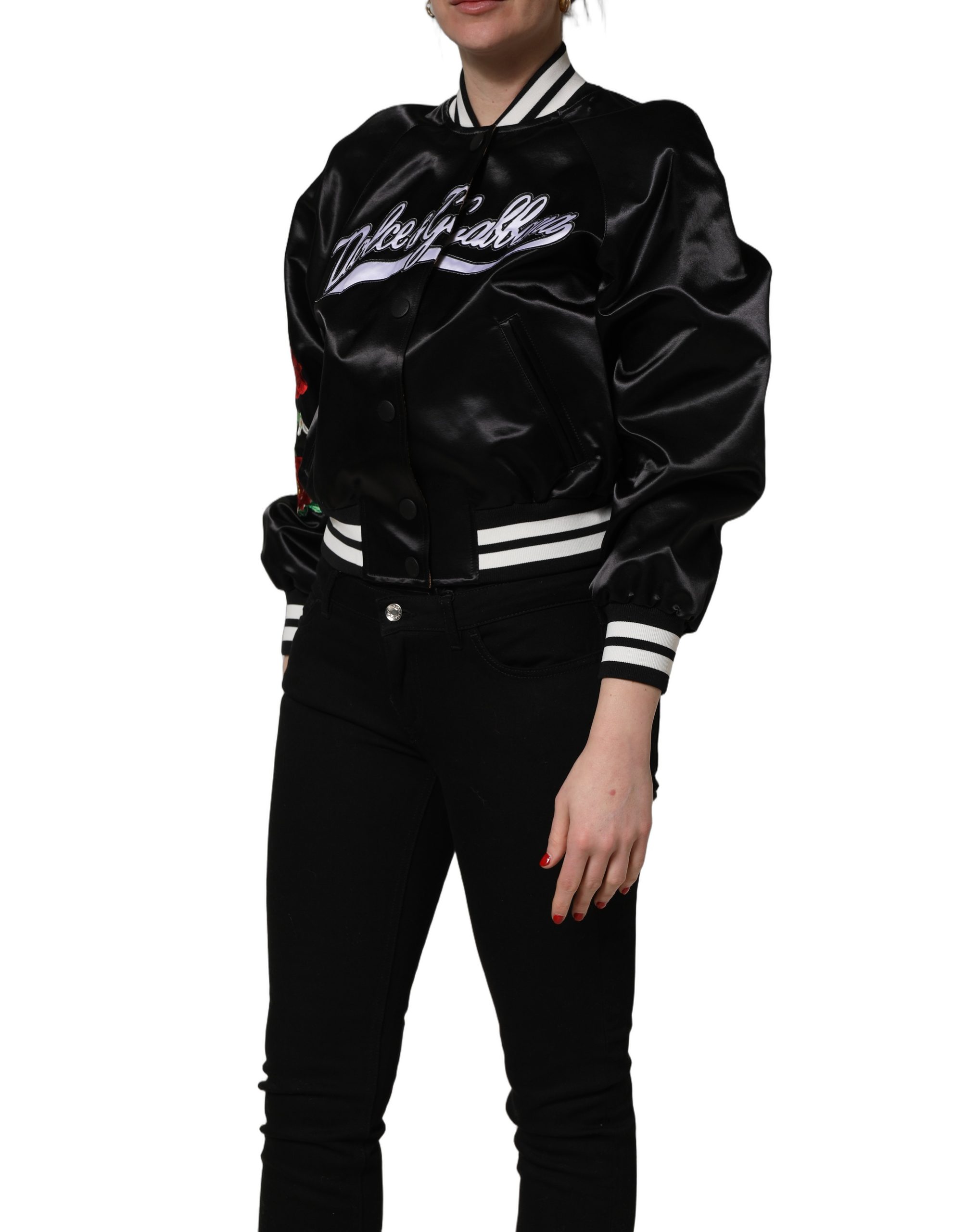 Dolce & Gabbana Black Satin Floral Embroidery Bomber Jacket - Image 3