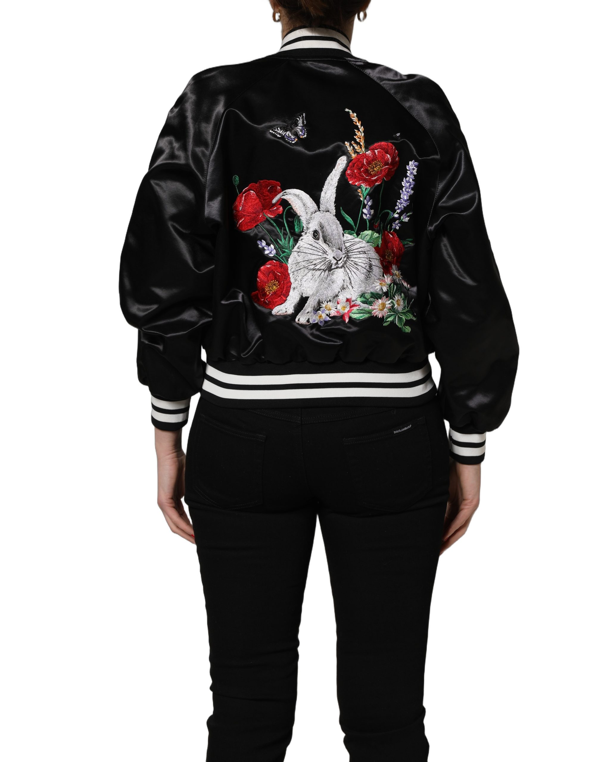 Dolce & Gabbana Black Satin Floral Embroidery Bomber Jacket - Image 4
