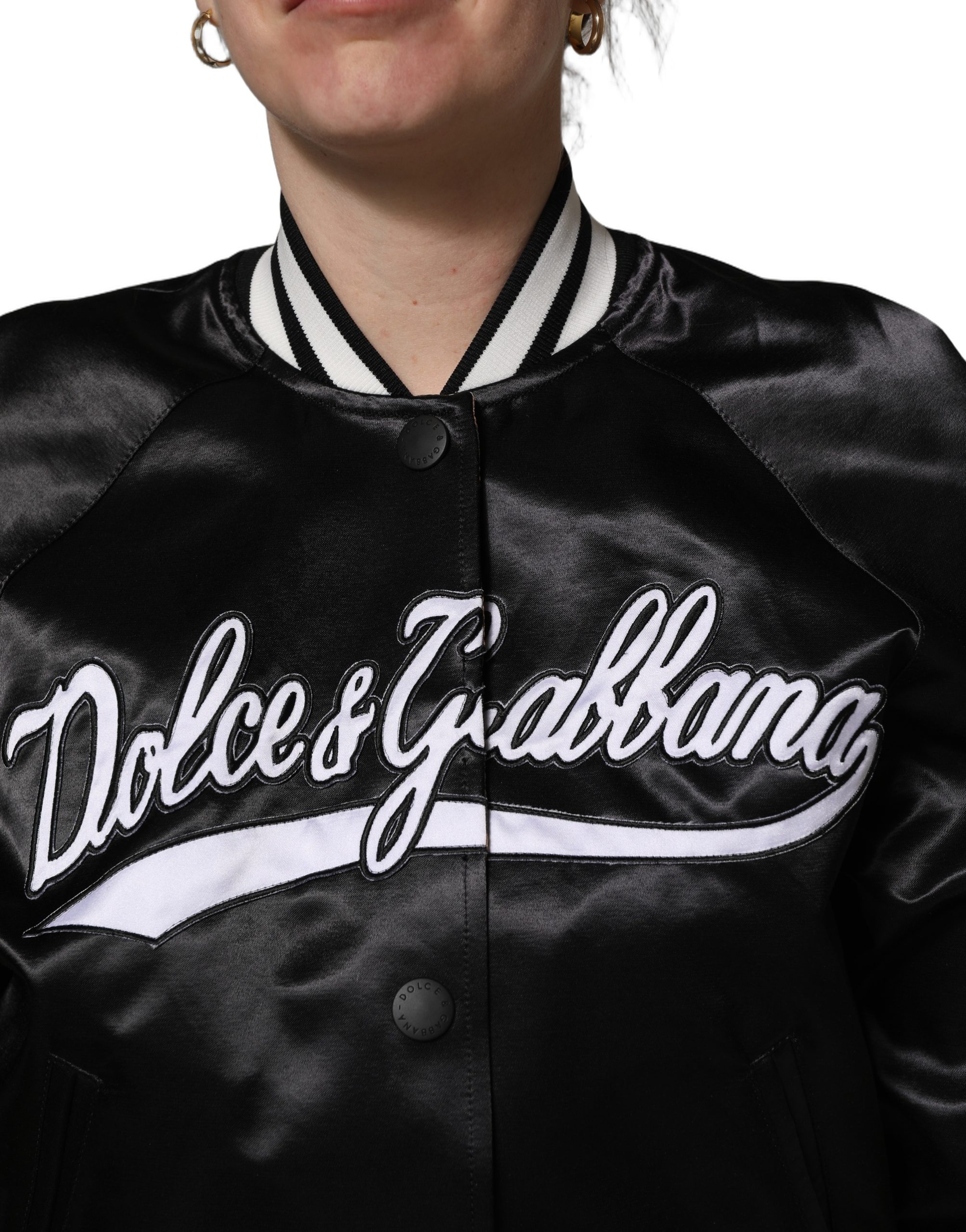 Dolce & Gabbana Black Satin Floral Embroidery Bomber Jacket - Image 5