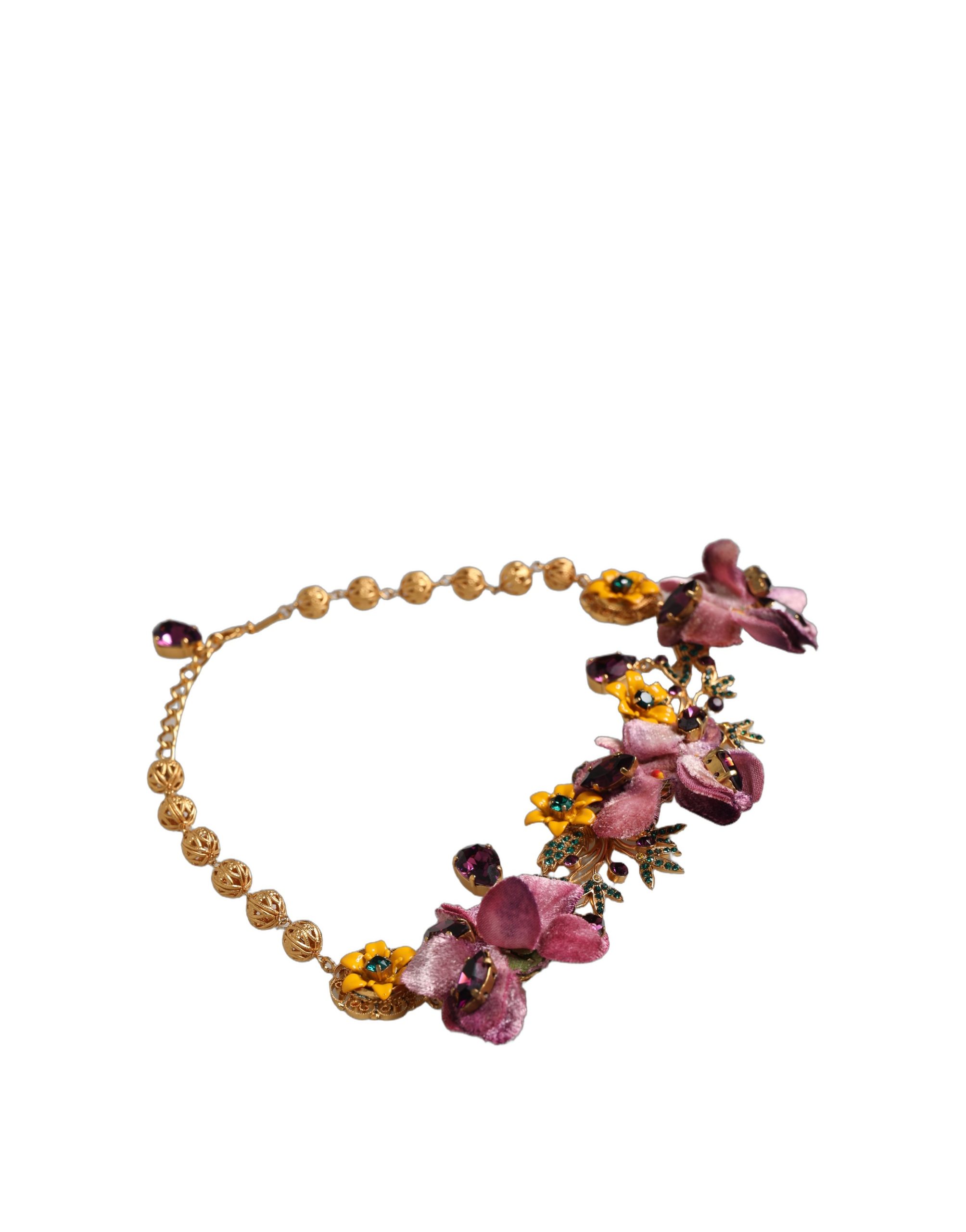 Dolce & Gabbana Gold Brass Mix Fiori Flowers Crystal Chain Necklace - Image 4