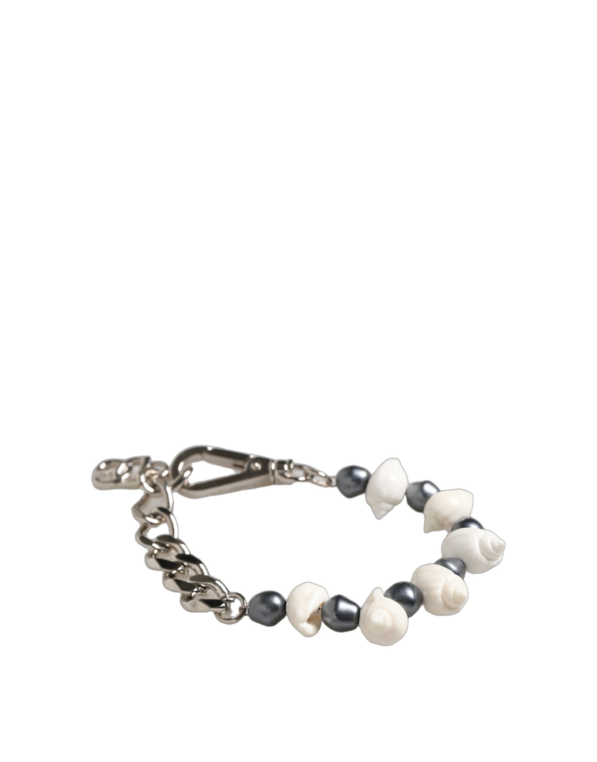 Dolce & Gabbana Silver Tone Brass Beaded Shell DG Logo Pendant Bracelet - Image 4
