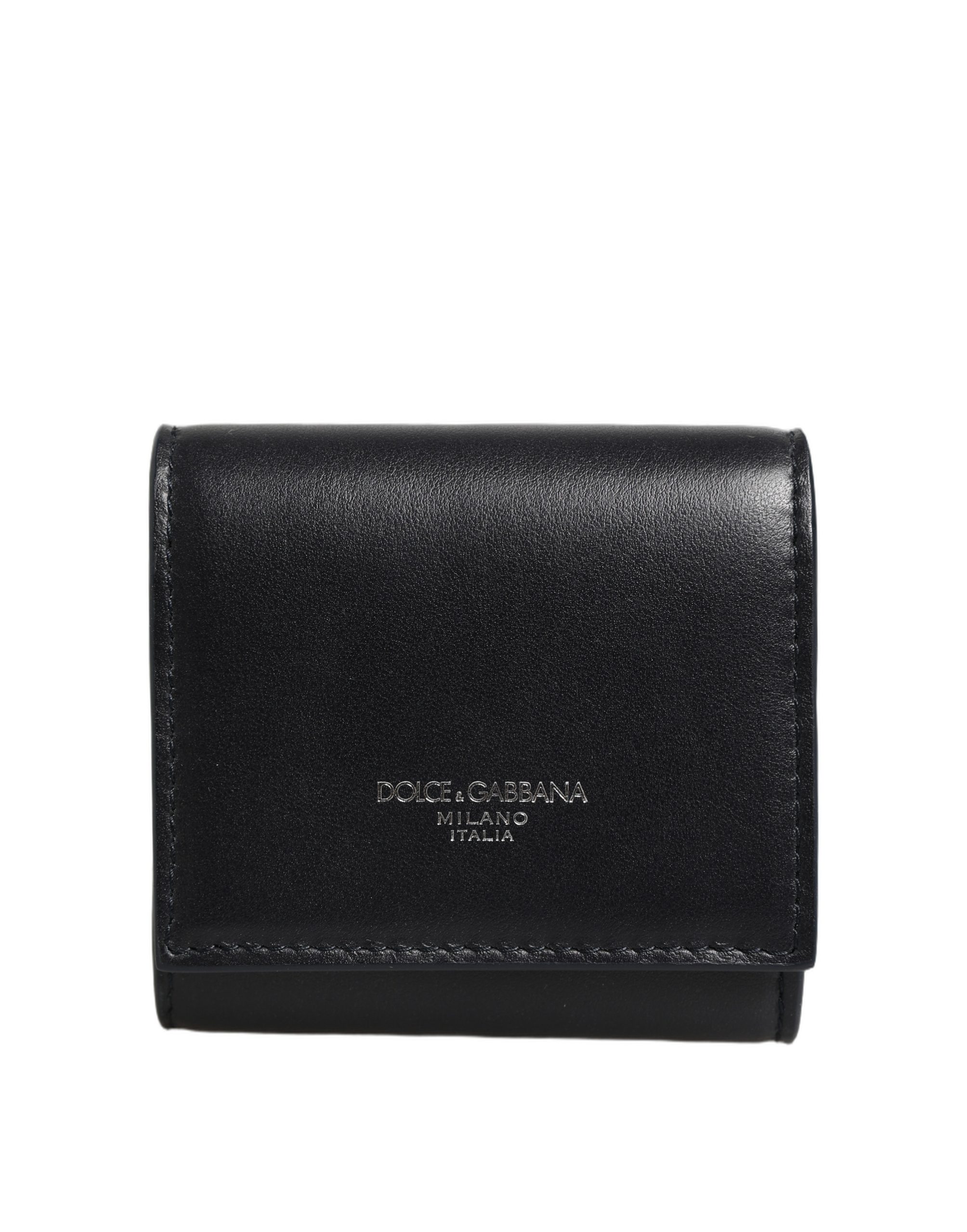 Monedero plegable de piel de becerro negra con estampado del logo de Dolce & Gabbana